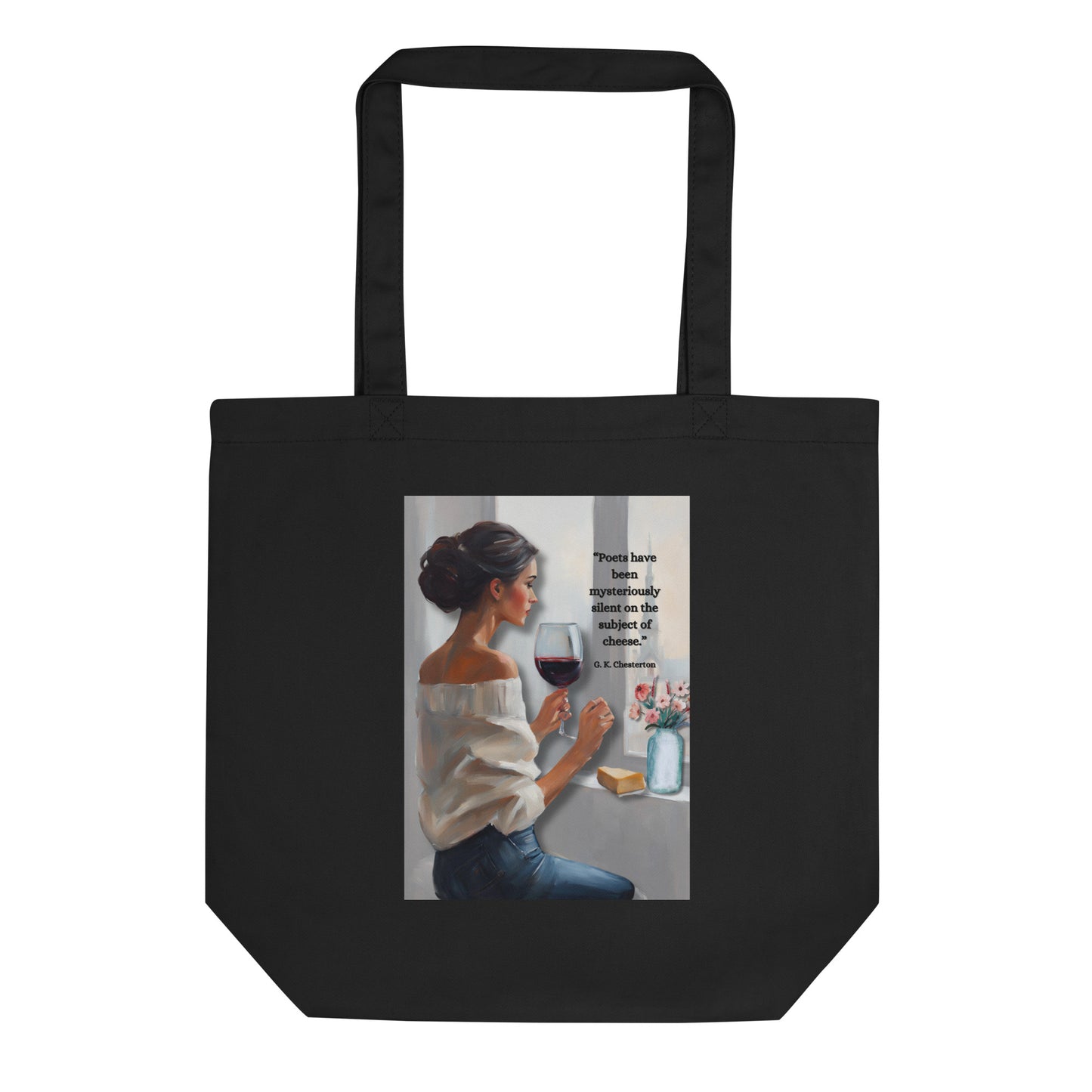 'Cheese' eco tote bag with impressionist oil style artwork and quote by author G.K. Chesterton