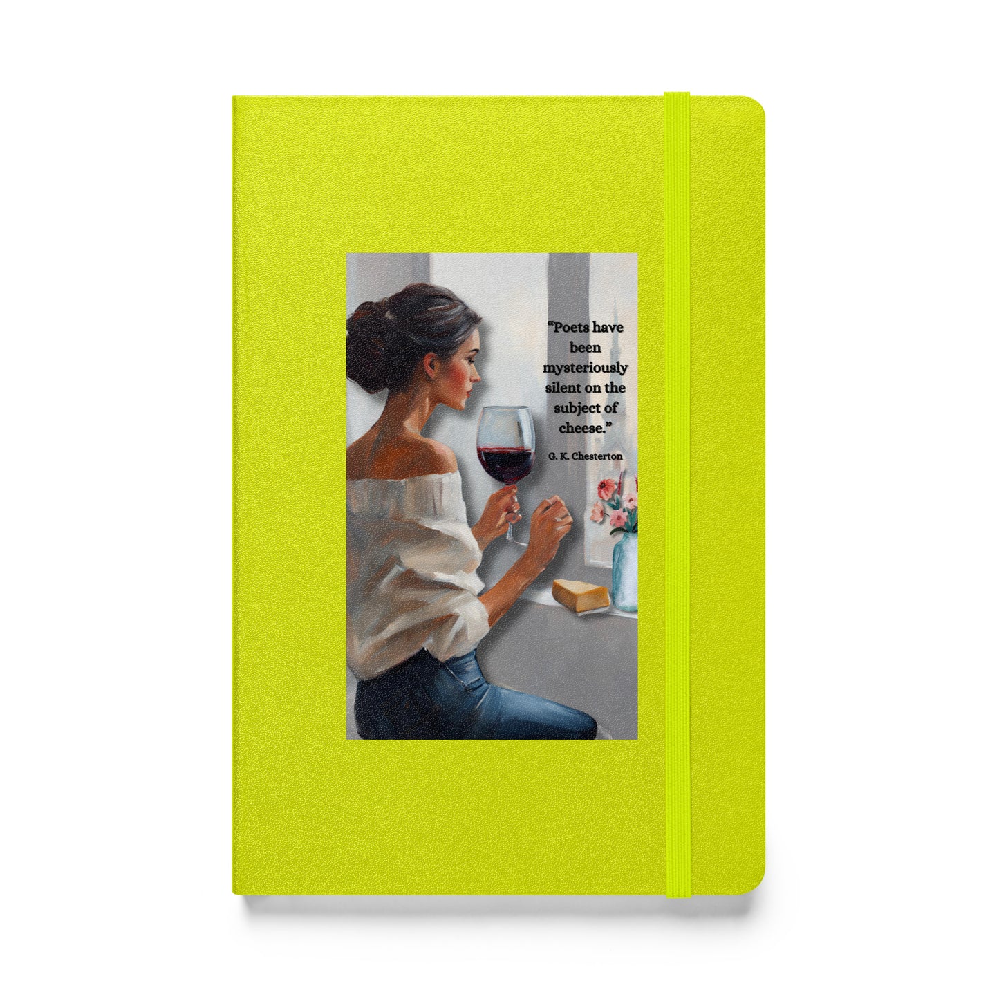 'Cheese' hardcover bound notebook with impressionist oil style artwork and quote by author G.K. Chesterton