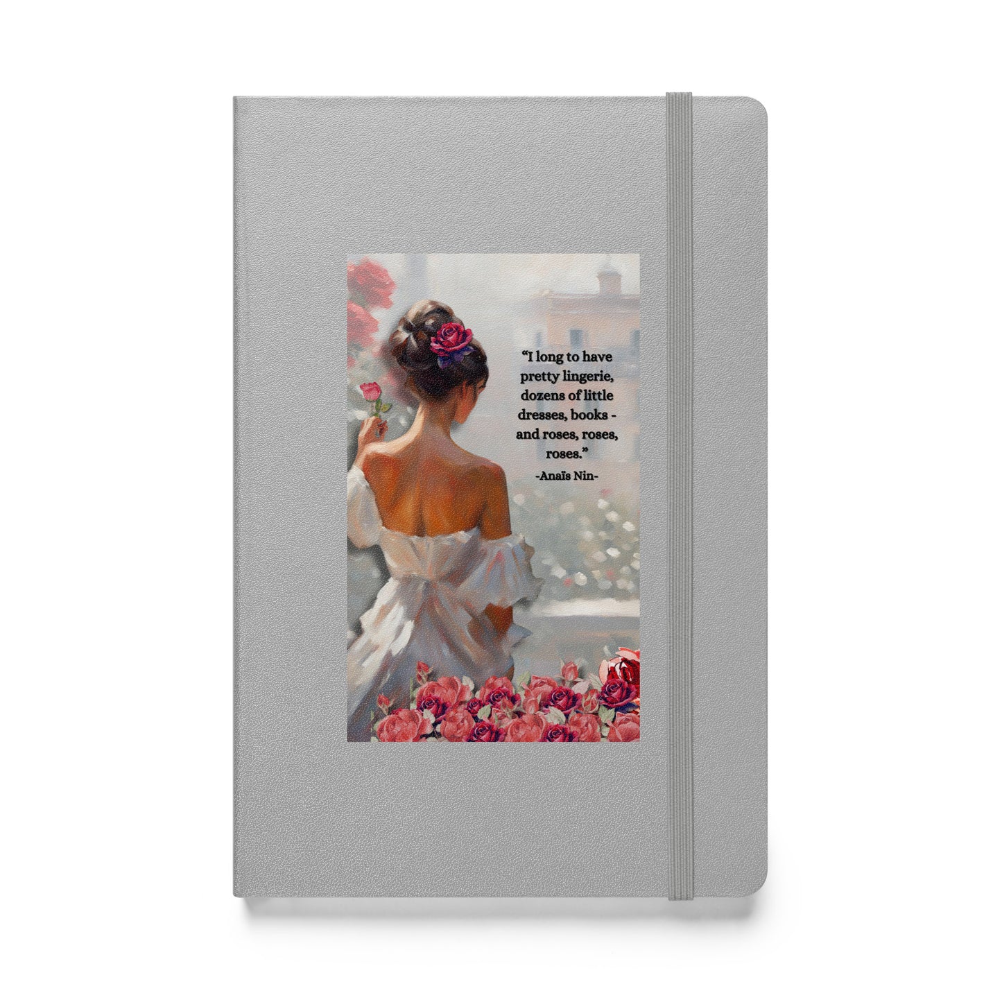 'Roses' hardcover bound notebook with impressionist oil style artwork and quote by diarist Anaïs Nin