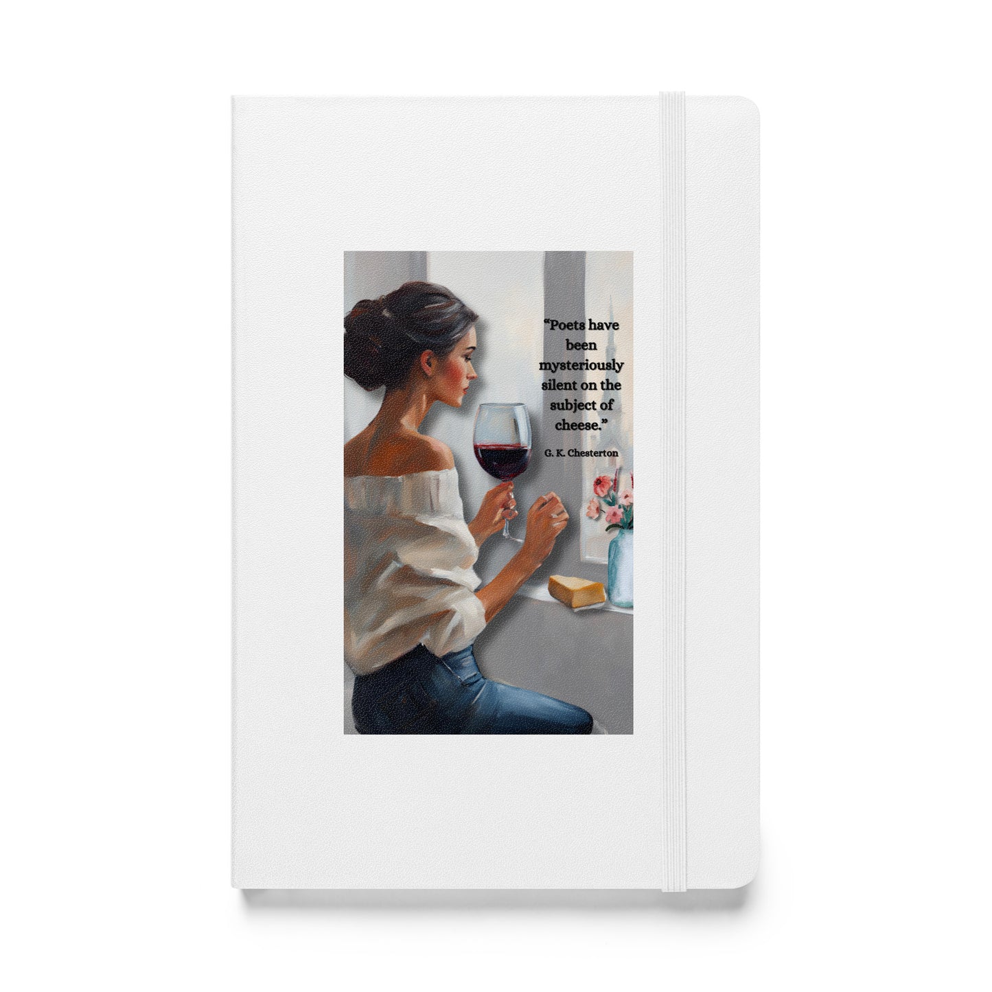'Cheese' hardcover bound notebook with impressionist oil style artwork and quote by author G.K. Chesterton