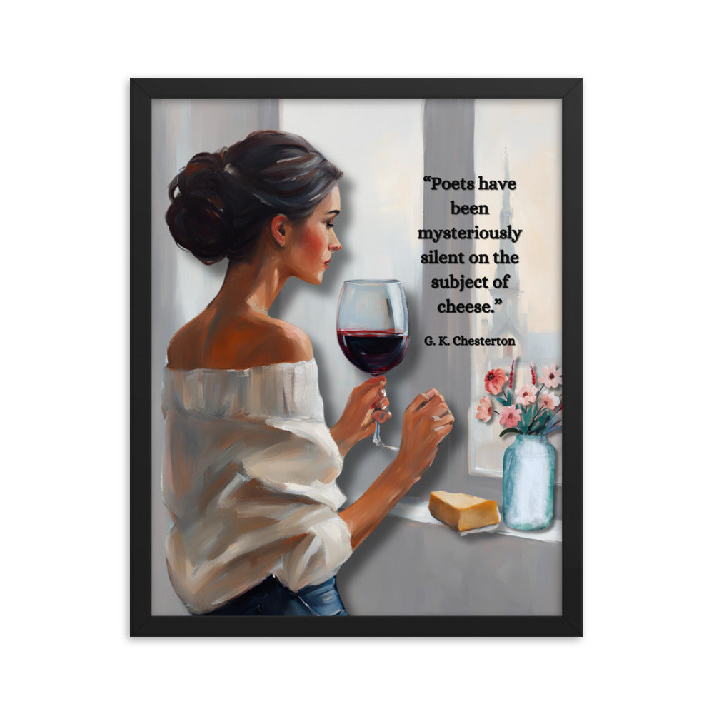 'Cheese' framed photo paper poster with impressionist oil style artwork and quote by G.K. Chesterton