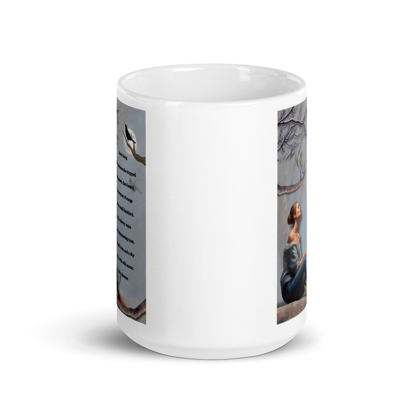 'Sweet Song' white glossy mug with impressionist oil style artwork and original poem by writer Sally Meeson