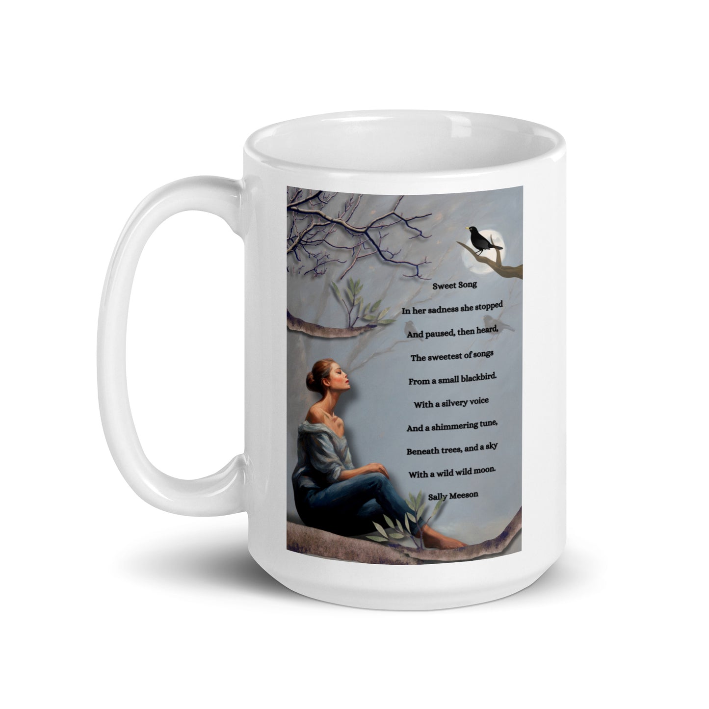 'Sweet Song' white glossy mug with impressionist oil style artwork and original poem by writer Sally Meeson