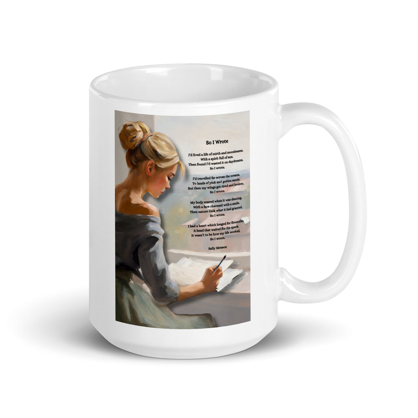'So I Wrote' white glossy mug with impressionist style artwork and original poem by writer Sally Meeson