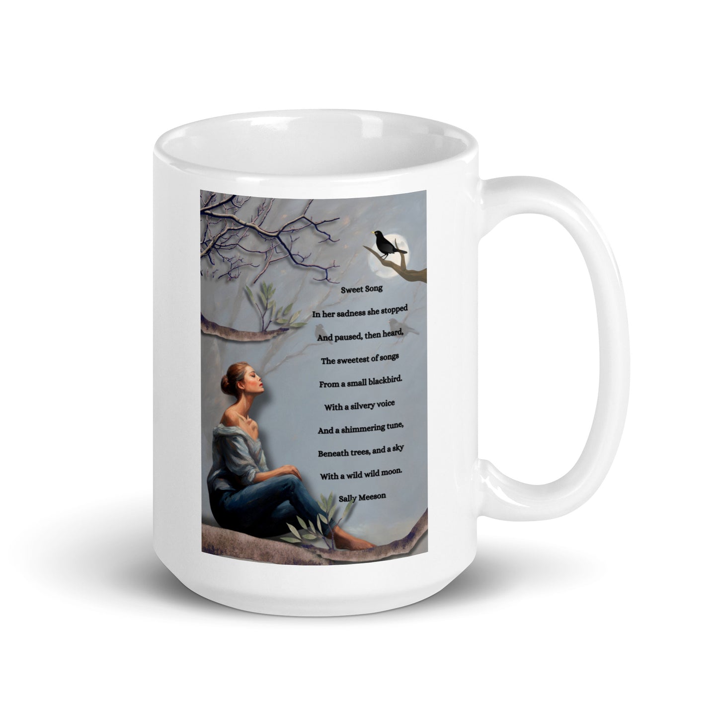 'Sweet Song' white glossy mug with impressionist oil style artwork and original poem by writer Sally Meeson