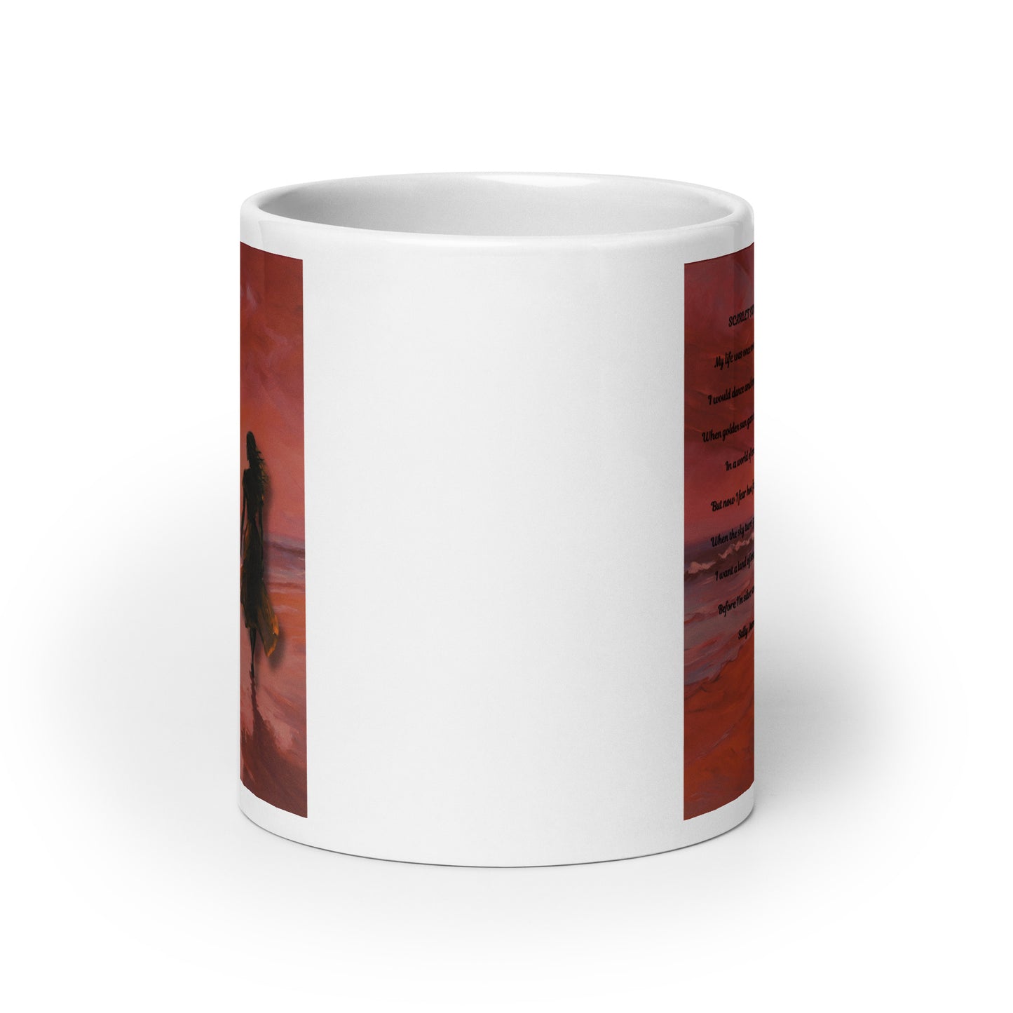 'Scarlet Sunsets' white glossy mug with impressionist style artwork and original poem by writer Sally Meeson