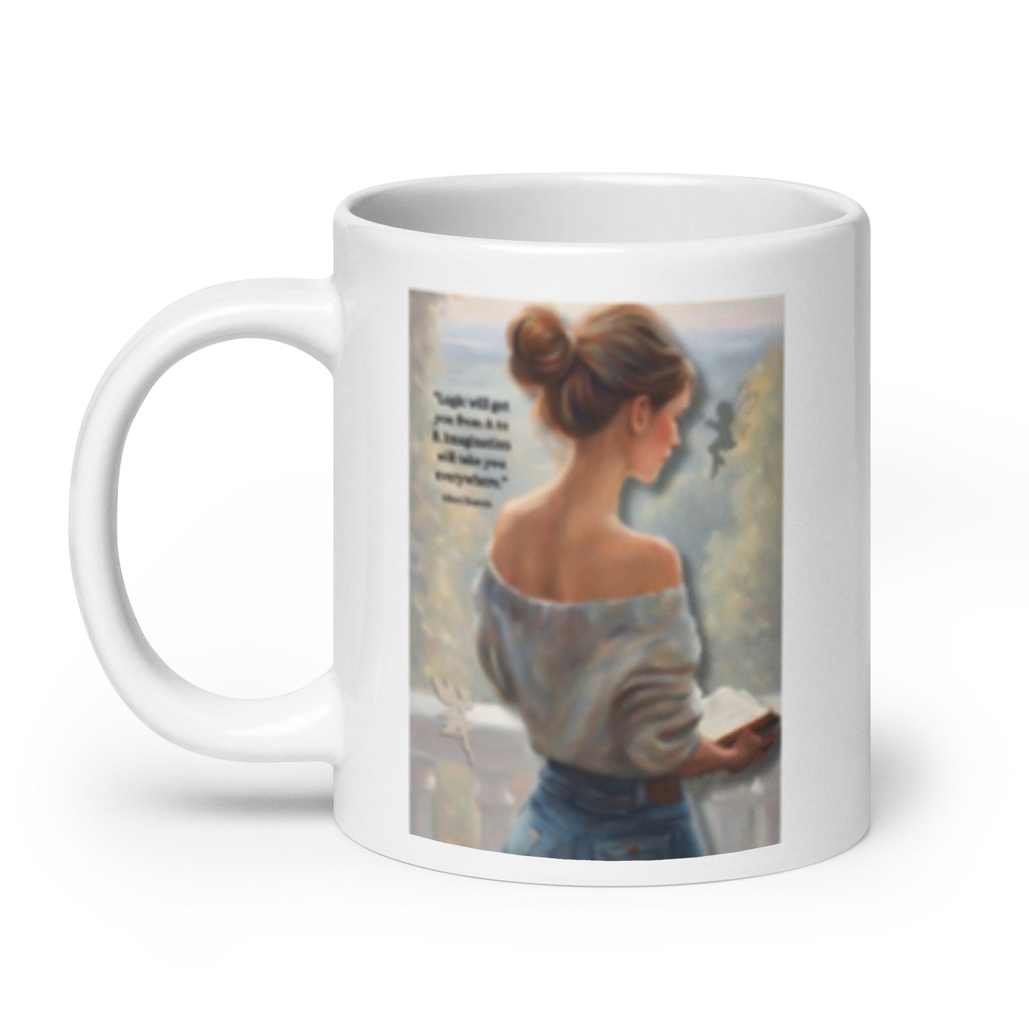 'Imagination' white glossy mug with impressionist oil style artwork and quote by Albert Einstein