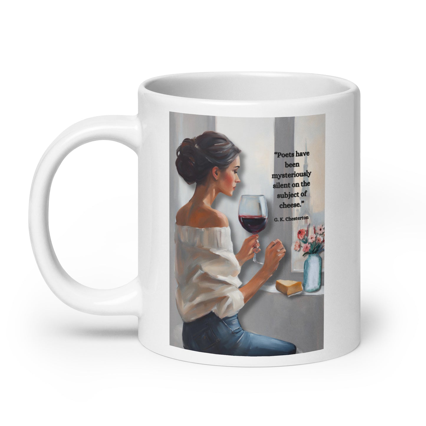 'Cheese' white glossy mug with impressionist style artwork and quote by author G.K. Chesterton