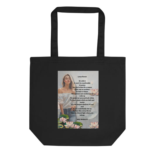 'Lotus Flower' eco tote bag with impressionist oil style artwork with original poem by writer Sally Meeson