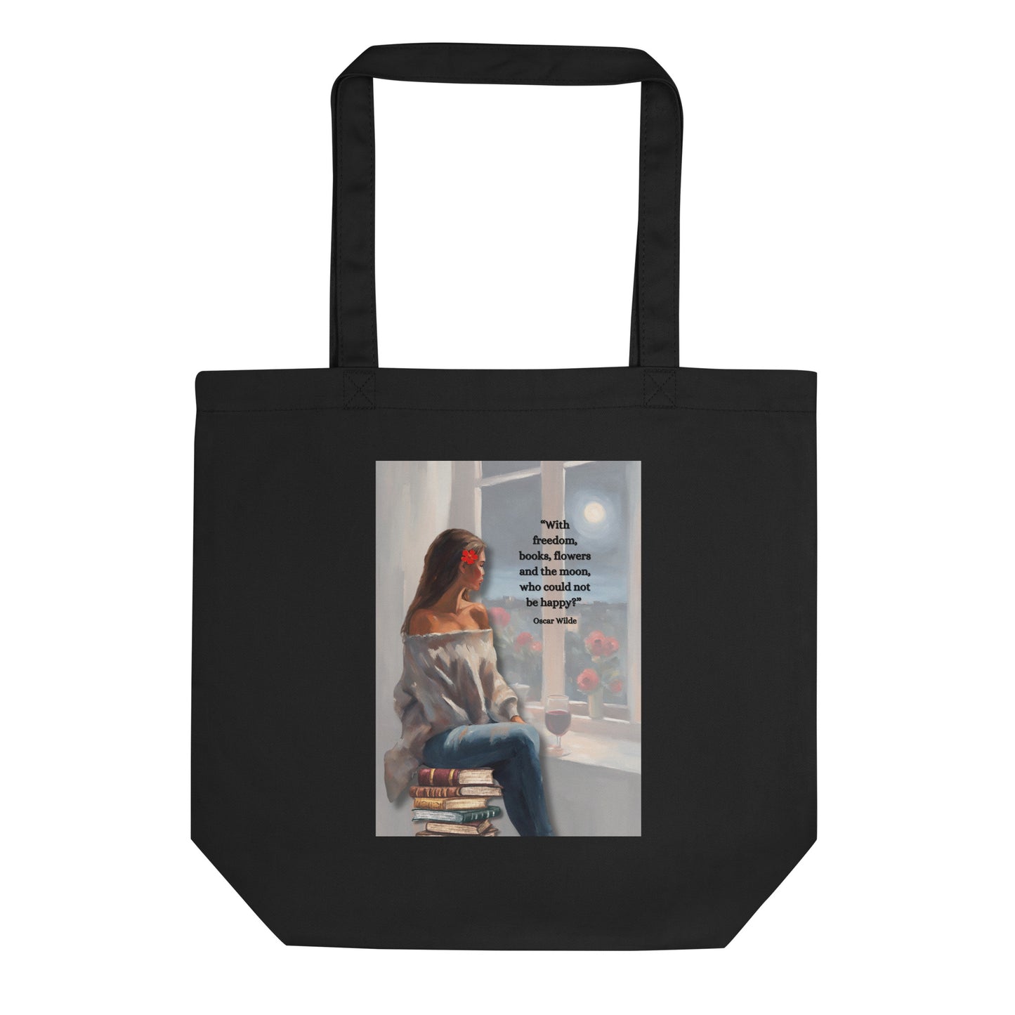 'Freedom, books, flowers and the moon" eco tote bag with impressionist oil style artwork and Oscar Wilde quote