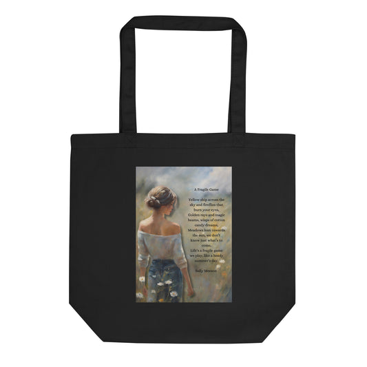 'A Fragile Game' eco tote bag with impressionist style artwork and original poem by writer Sally Meeson