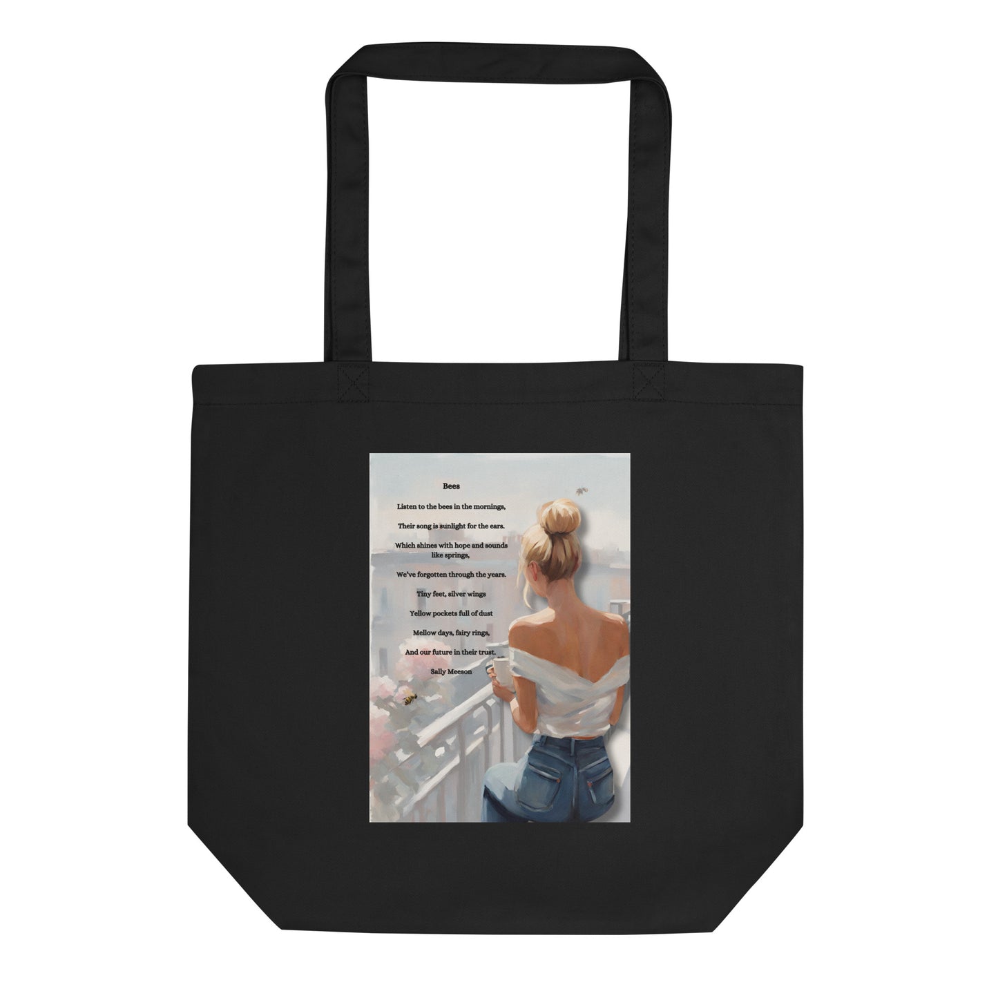 'Bees' eco tote bag with impressionist oil style artwork and original poem by writer Sally Meeson