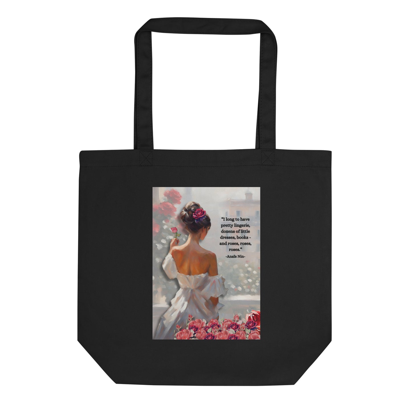 'Roses' eco tote bag with impressionist oil style artwork and quote from diarist Anaïs Nin