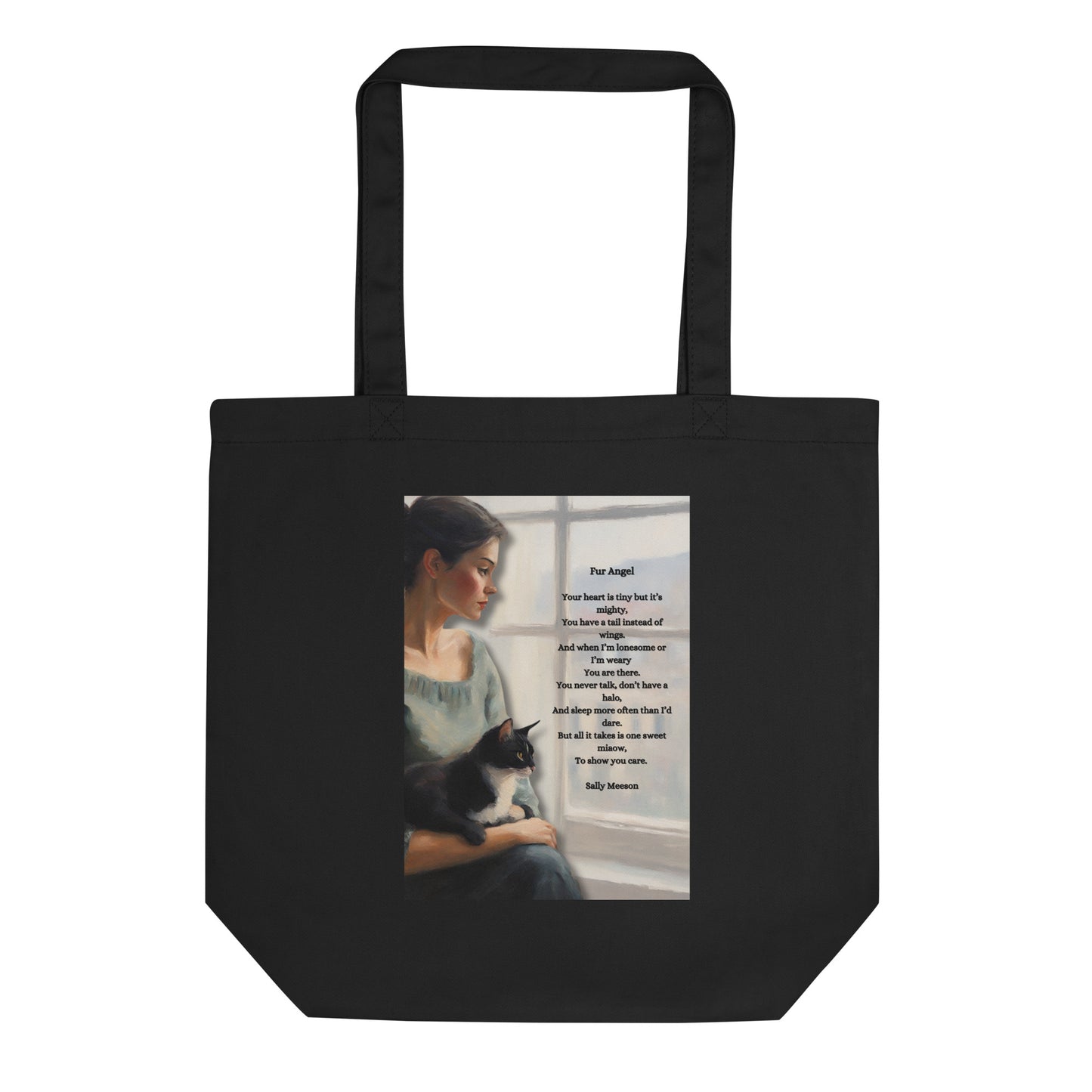 'Fur Angel' eco tote bag with impressionist style artwork and original poem by writer Sally Meeson