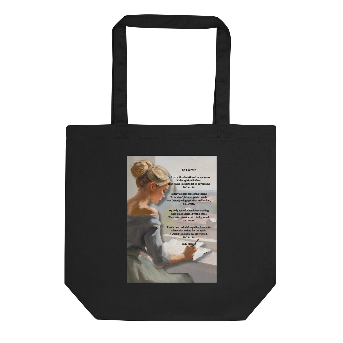 'So I Wrote' Eco Tote Bag with impressionist style artwork and original poem by writer Sally Meeson