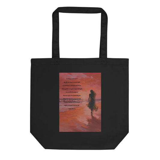 'Scarlet Sunsets' eco tote bag with impressionist oil style artwork and original poem by writer Sally Meeson