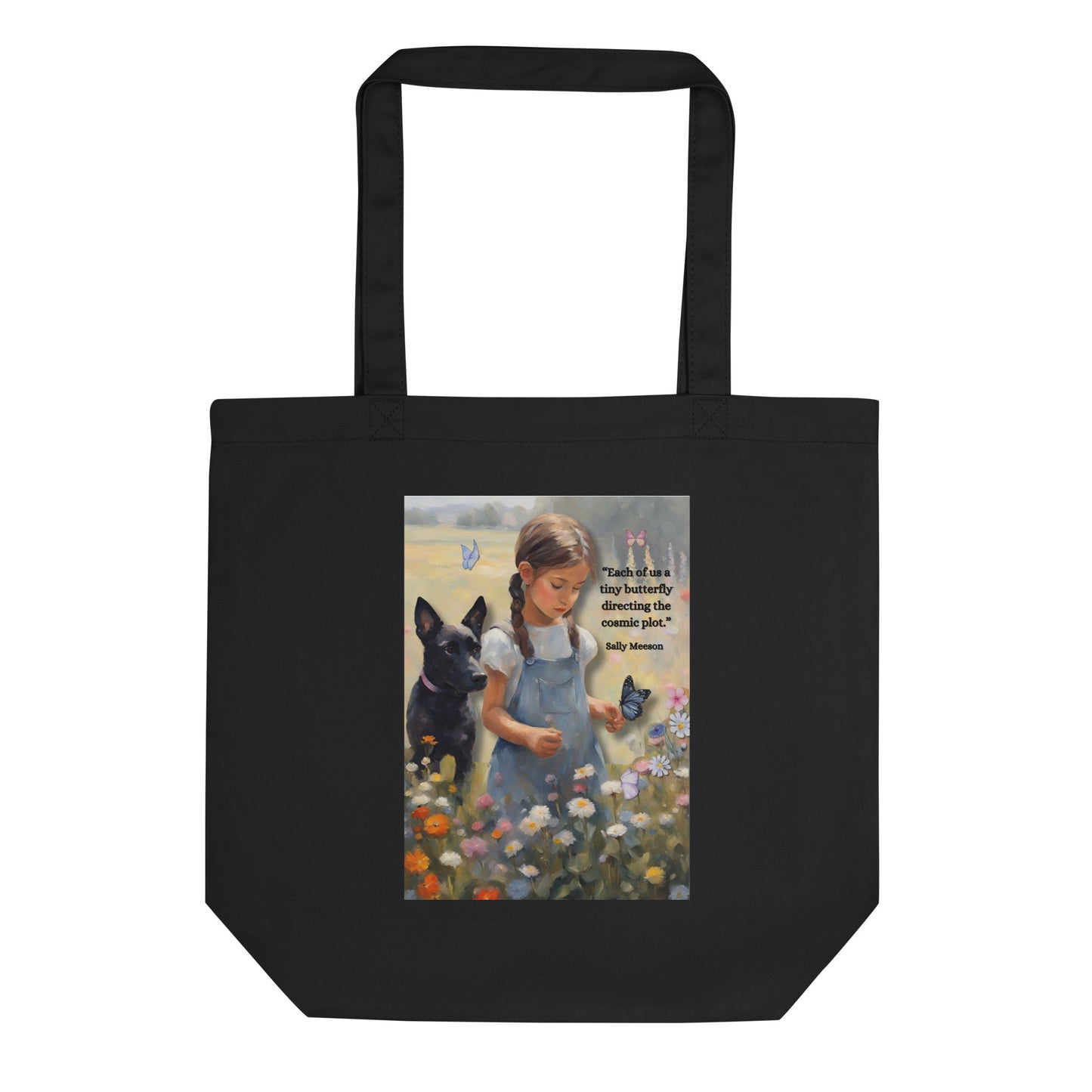 'Tiny Butterfly' eco tote bag with impressionist oil style artwork and original quote from writer Sally Meeson
