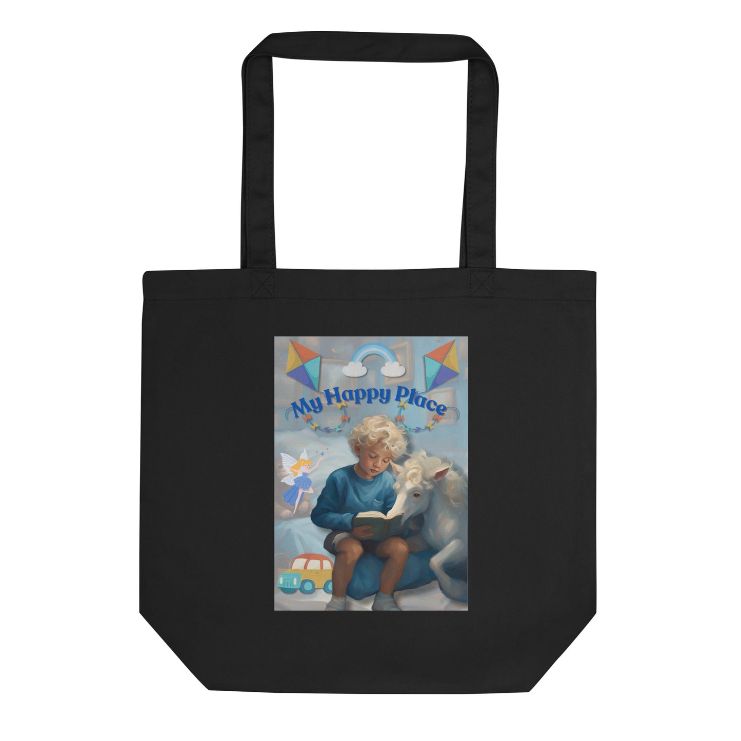 'My Happy Place' child's blue eco tote bag with impressionist oil style artwork