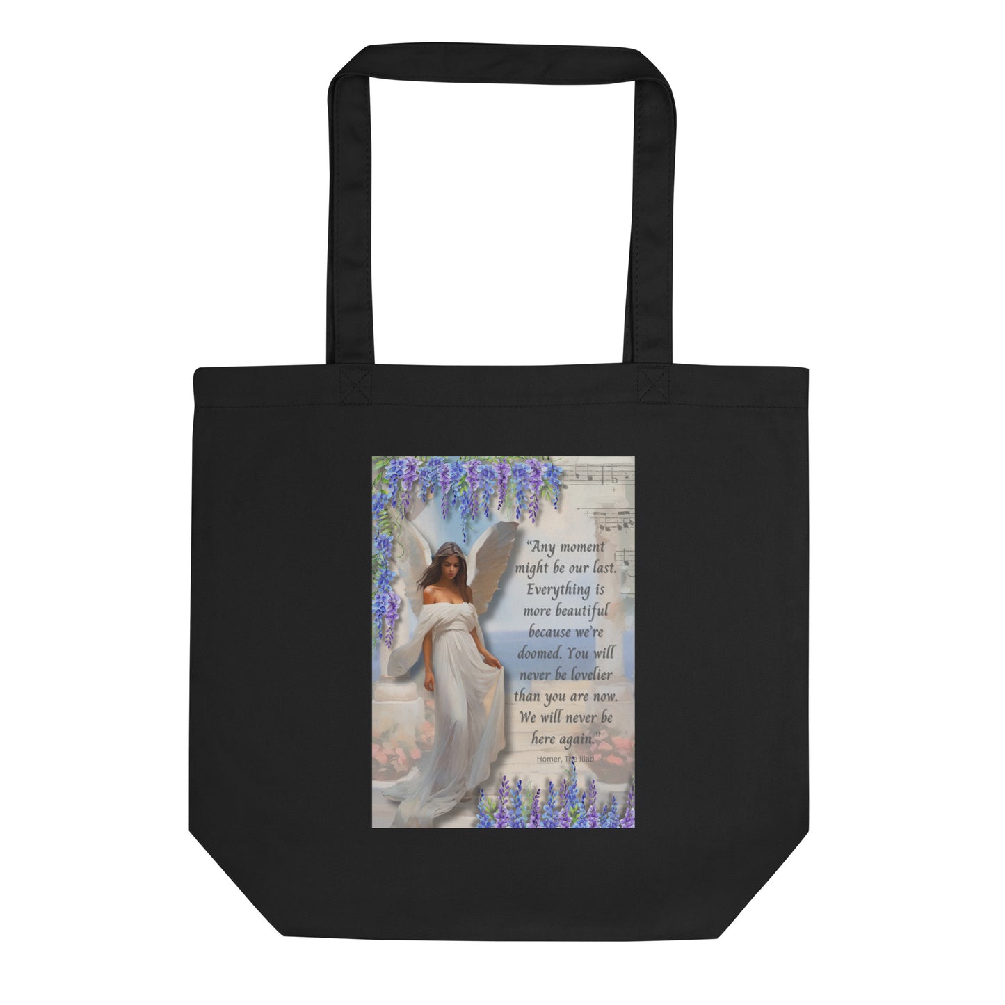 'Moments" eco tote bag with impressionist oil style artwork and quote from Homer's The Iliad