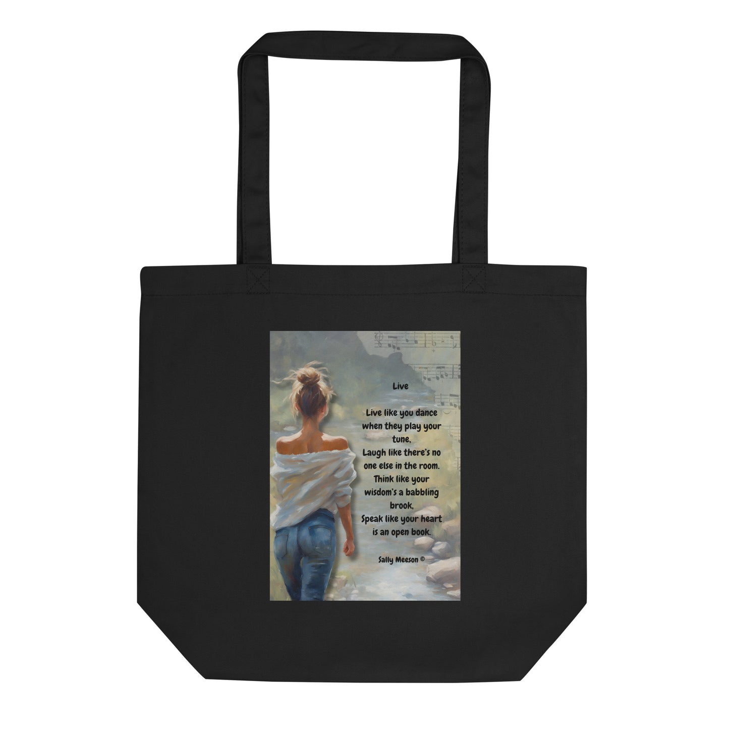 'Live' eco tote bag with impressionist oil style artwork and original poem by writer Sally Meeson