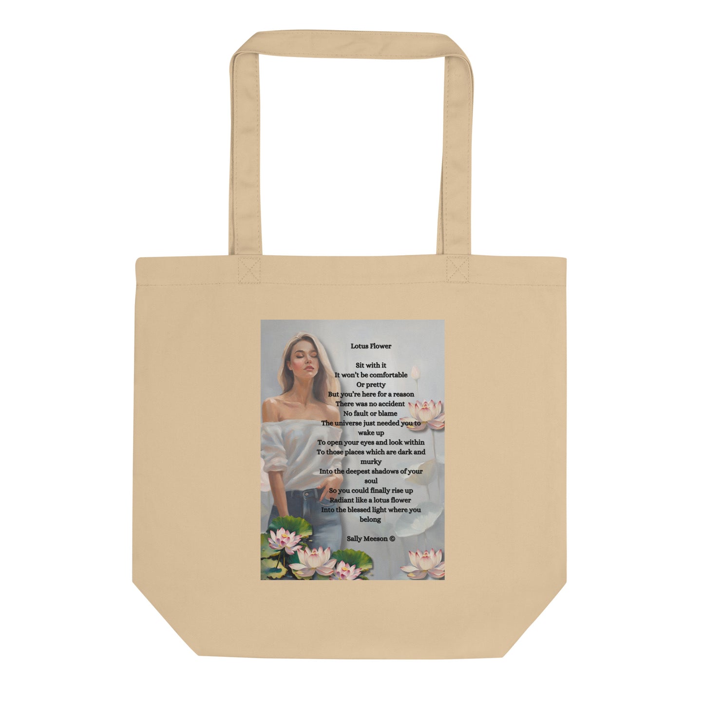 'Lotus Flower' eco tote bag with impressionist oil style artwork with original poem by writer Sally Meeson