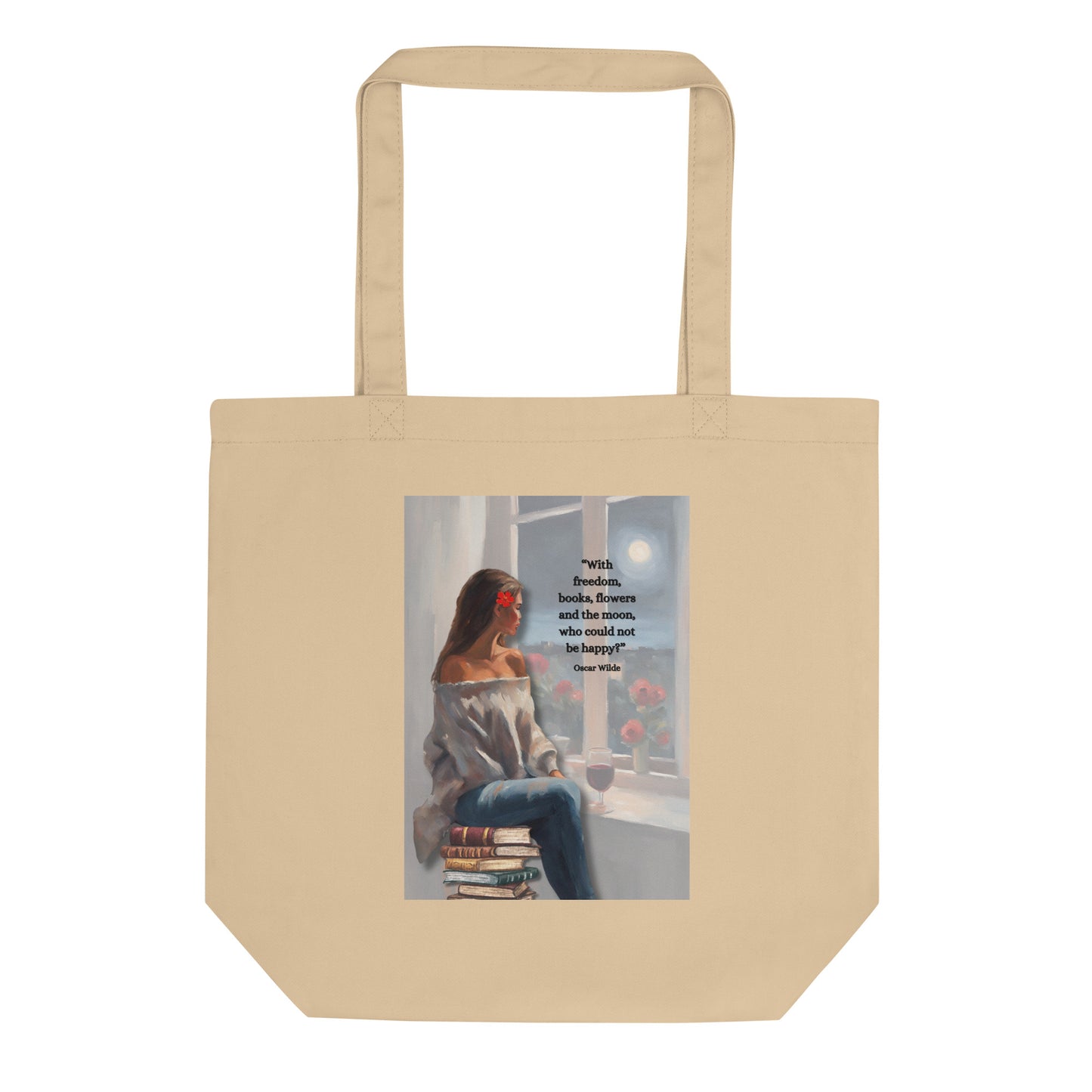 'Freedom, books, flowers and the moon" eco tote bag with impressionist oil style artwork and Oscar Wilde quote