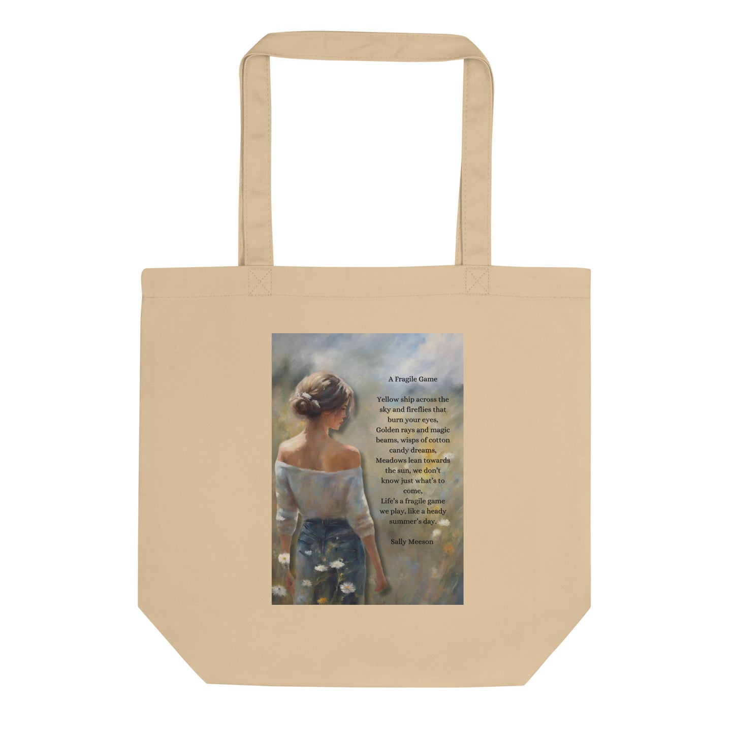 'A Fragile Game' eco tote bag with impressionist style artwork and original poem by writer Sally Meeson