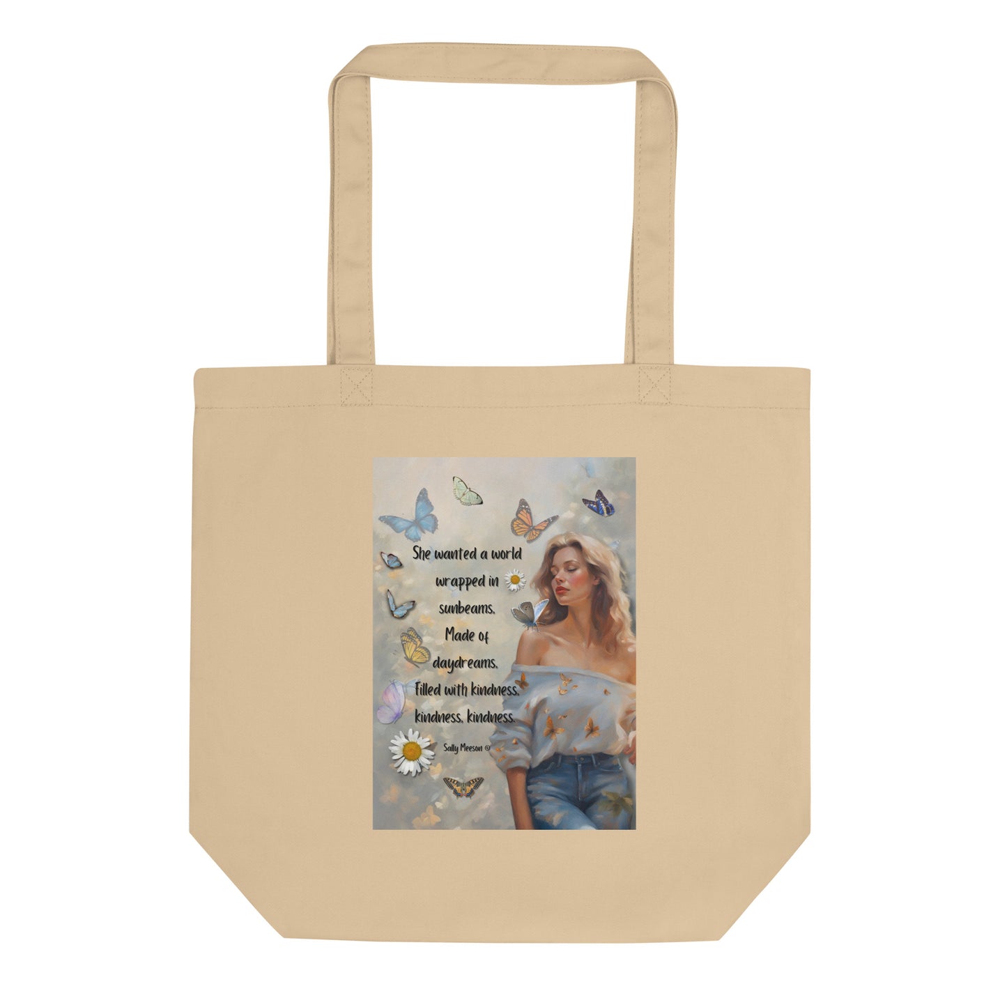 'Kindness' eco tote bag with impressionist oil style artwork and quote by writer Sally Meeson