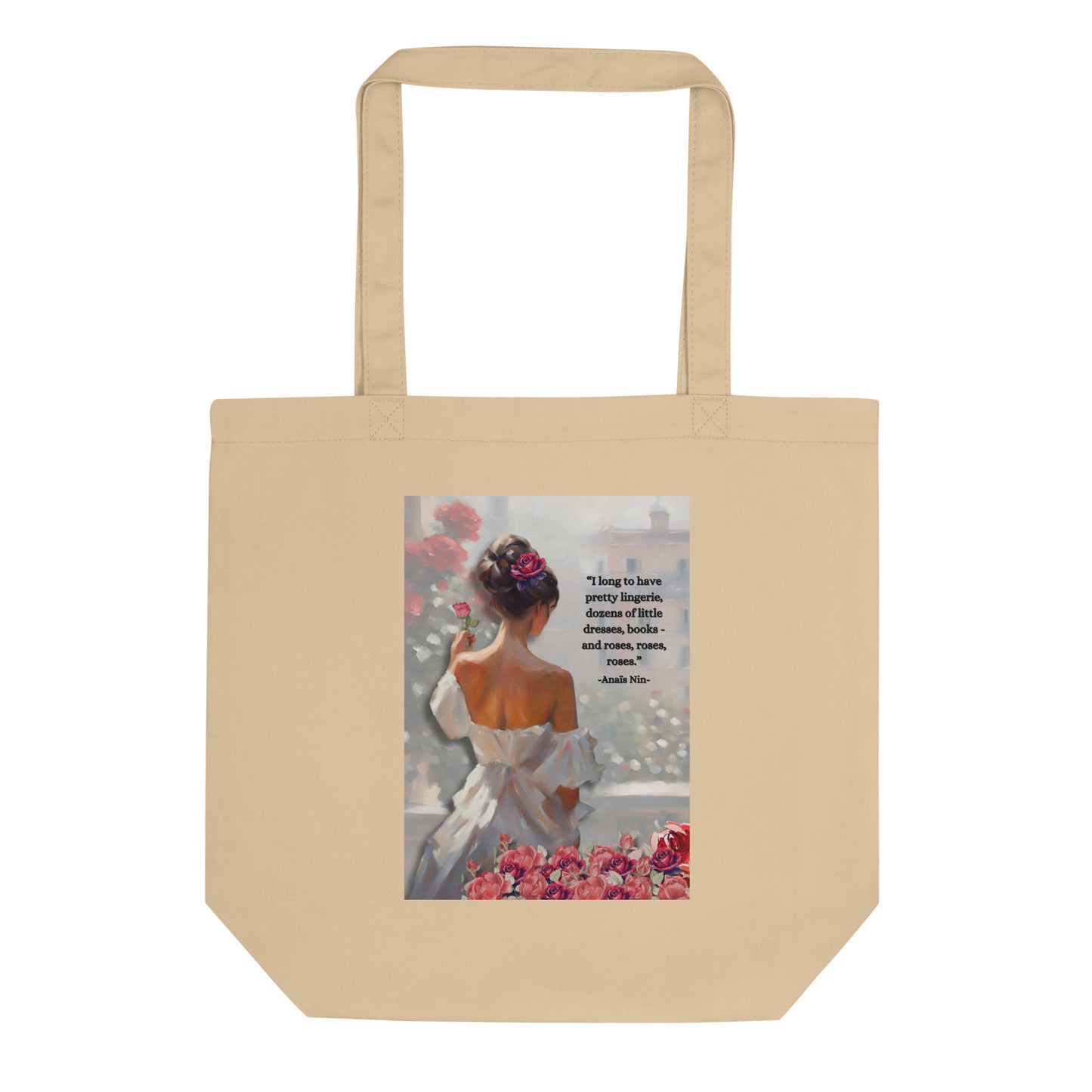 'Roses' eco tote bag with impressionist oil style artwork and quote from diarist Anaïs Nin