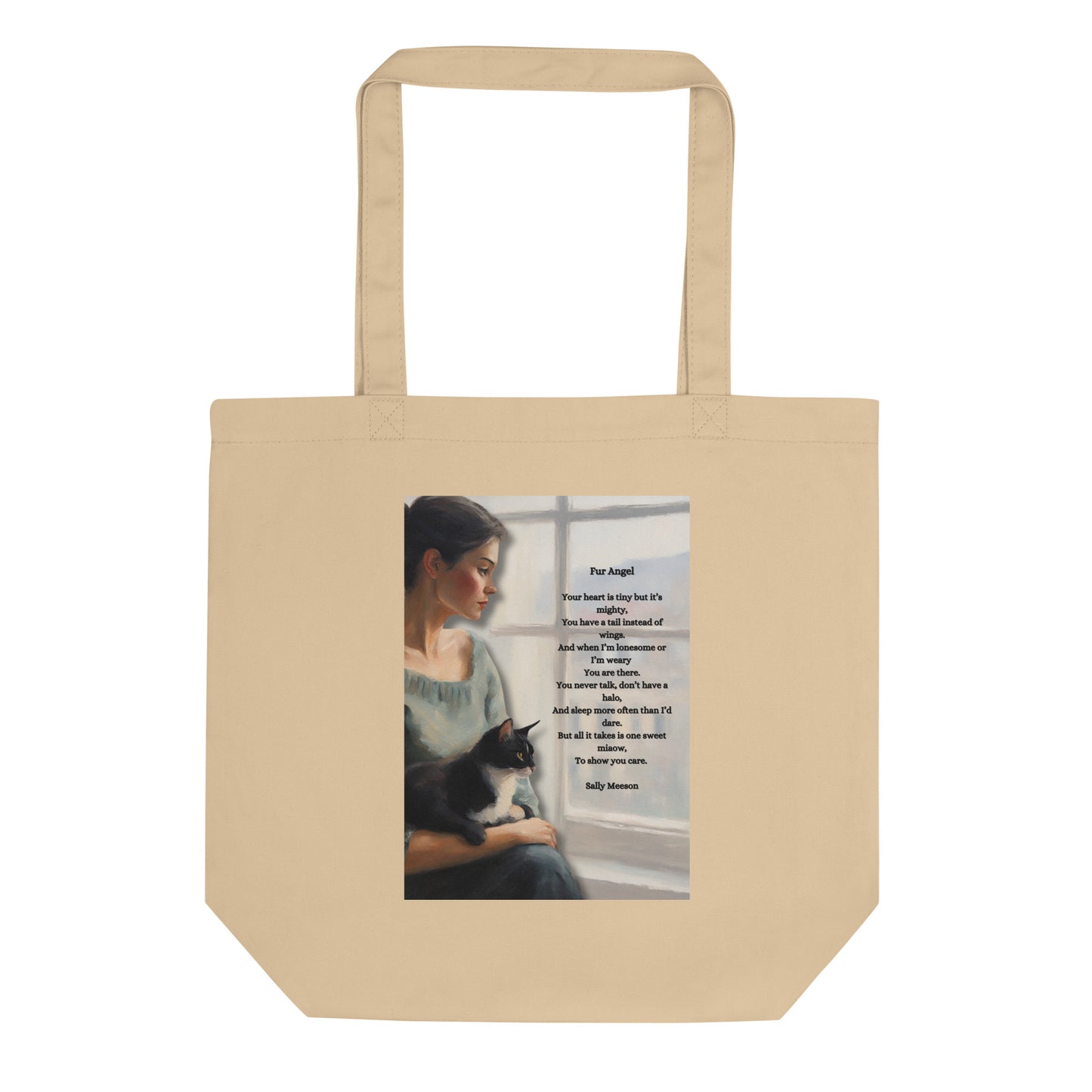 'Fur Angel' eco tote bag with impressionist style artwork and original poem by writer Sally Meeson