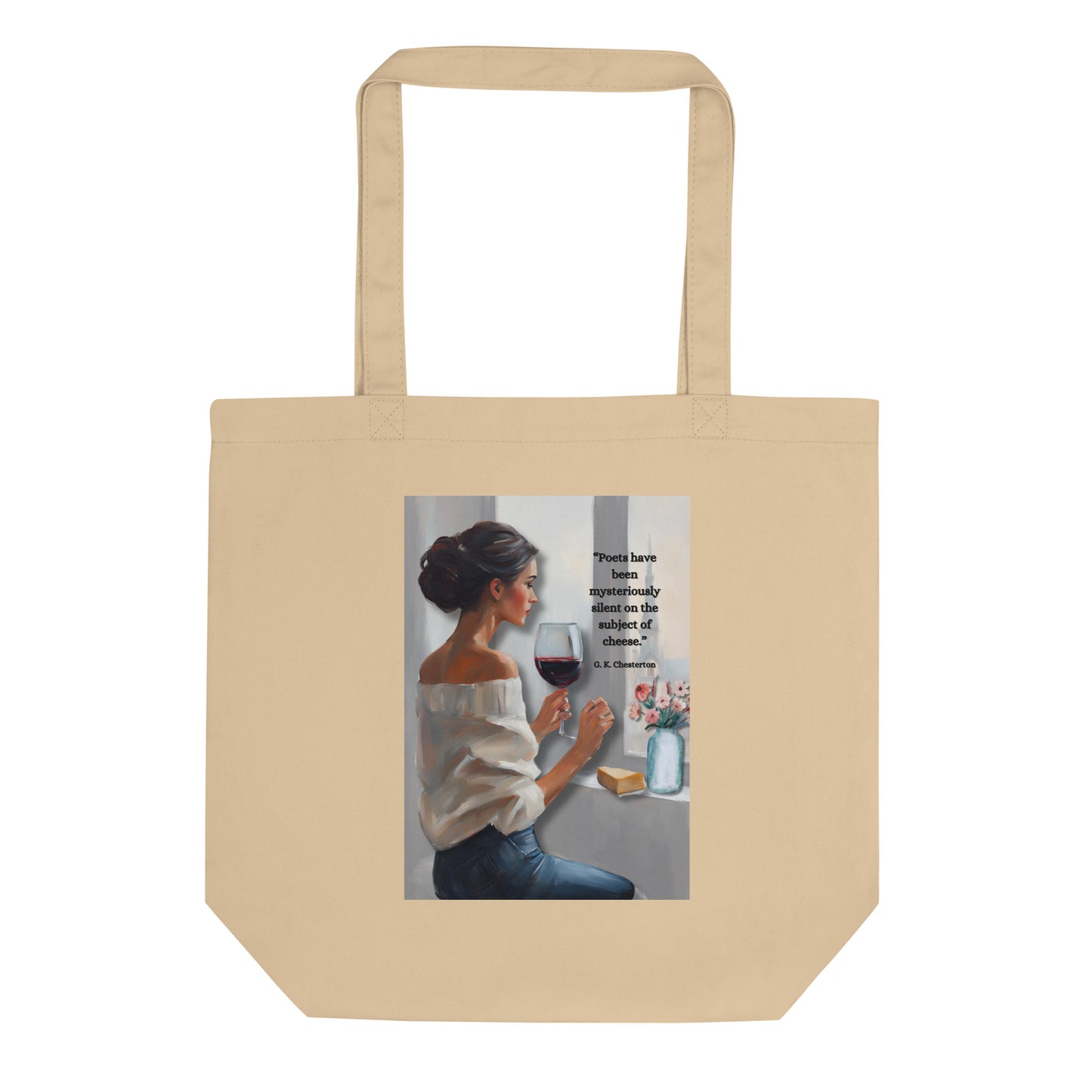 'Cheese' eco tote bag with impressionist oil style artwork and quote by author G.K. Chesterton