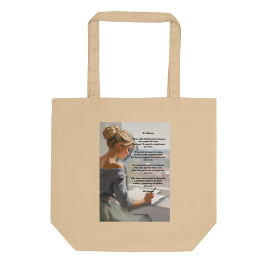 'So I Wrote' Eco Tote Bag with impressionist style artwork and original poem by writer Sally Meeson
