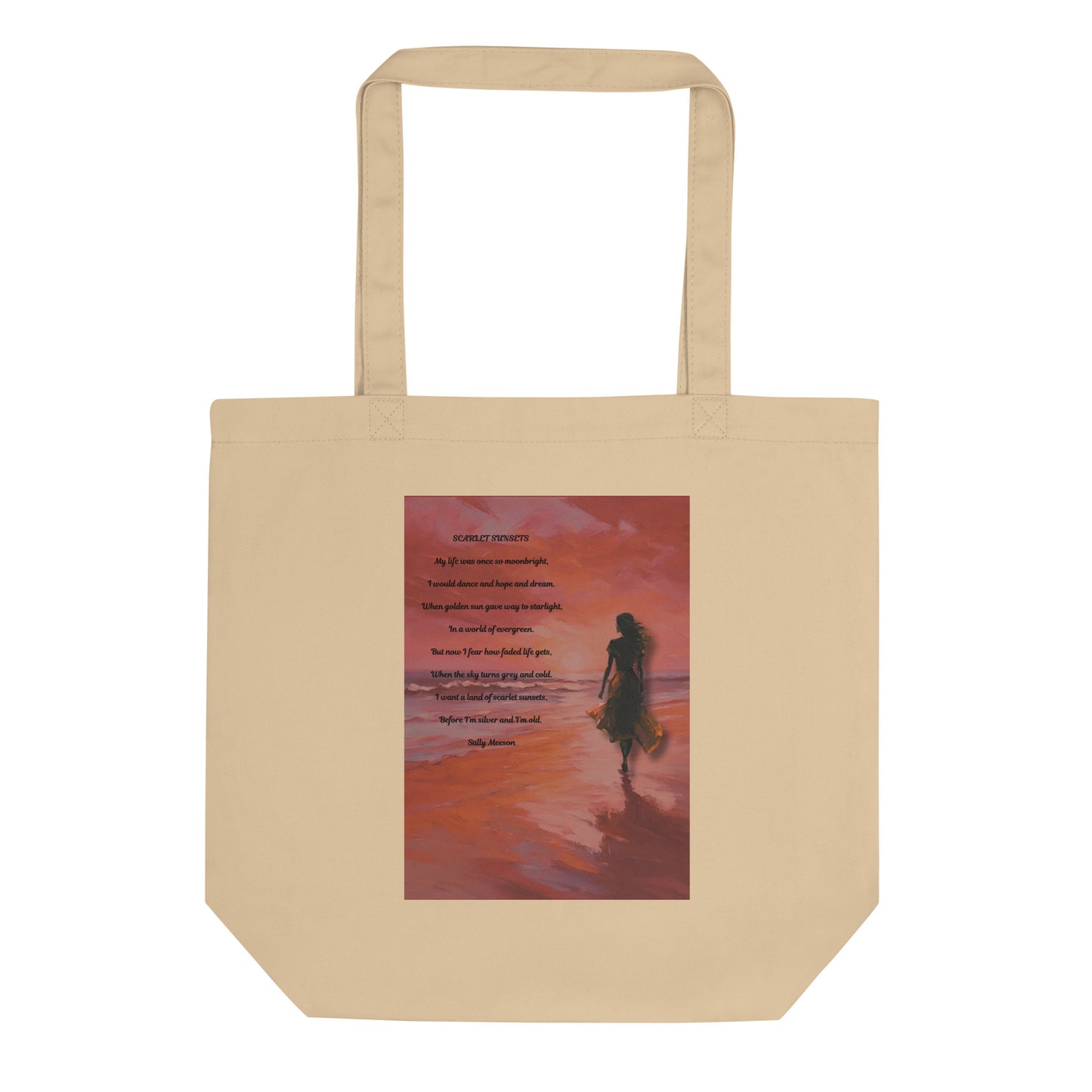 'Scarlet Sunsets' eco tote bag with impressionist oil style artwork and original poem by writer Sally Meeson