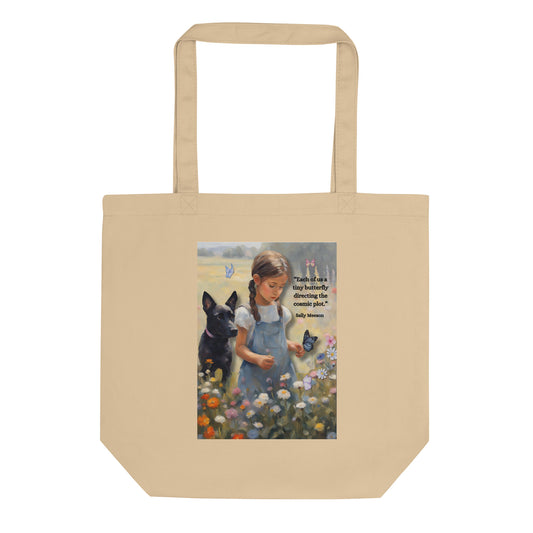 'Tiny Butterfly' eco tote bag with impressionist oil style artwork and original quote from writer Sally Meeson