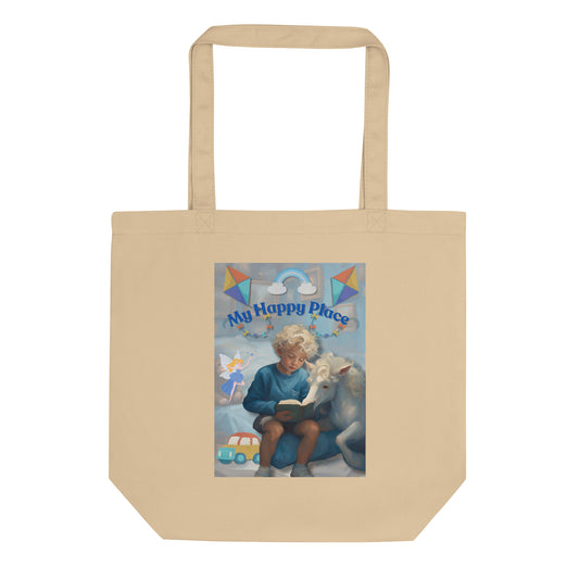 'My Happy Place' child's blue eco tote bag with impressionist oil style artwork