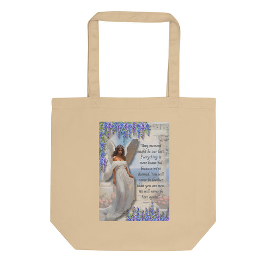 'Moments" eco tote bag with impressionist oil style artwork and quote from Homer's The Iliad