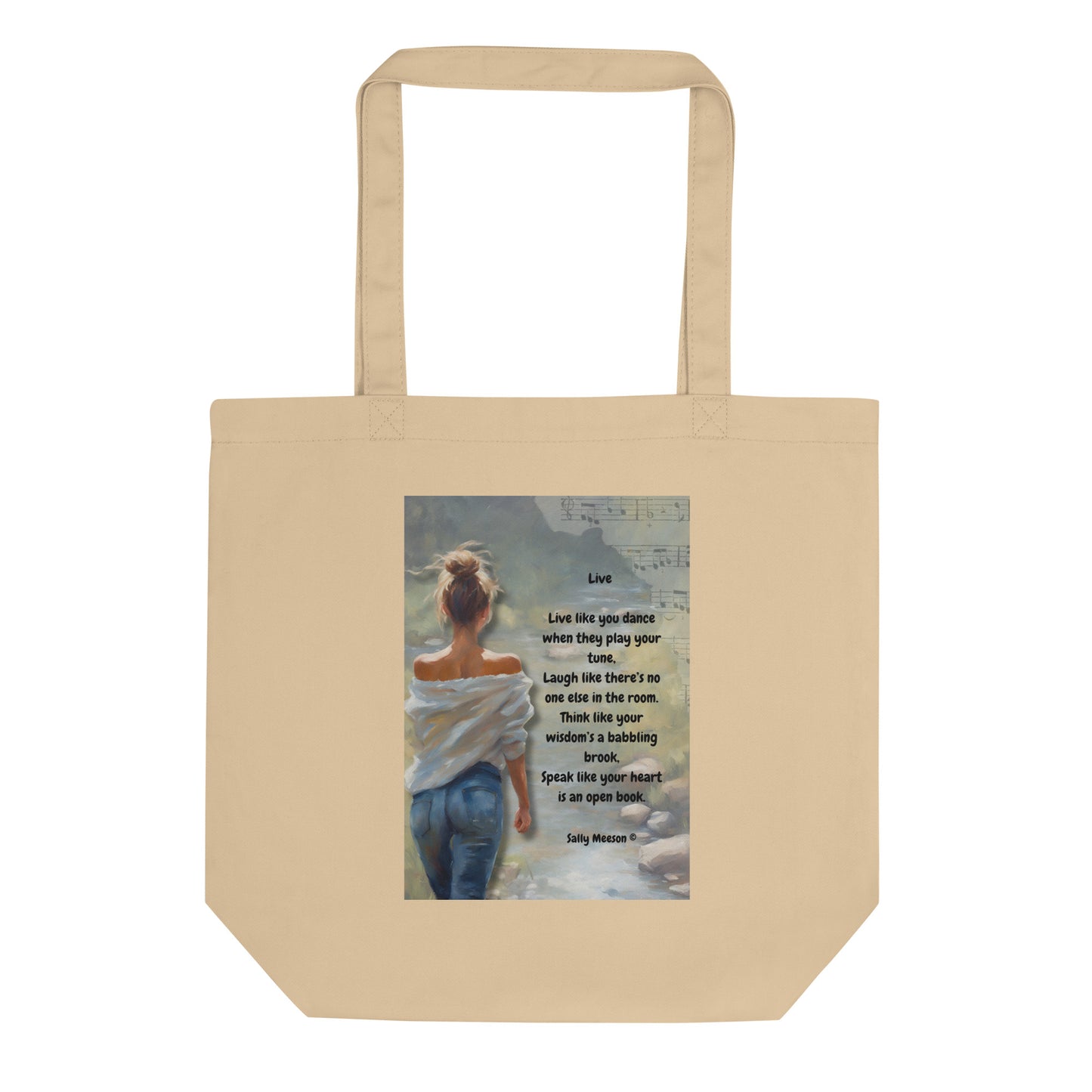 'Live' eco tote bag with impressionist oil style artwork and original poem by writer Sally Meeson