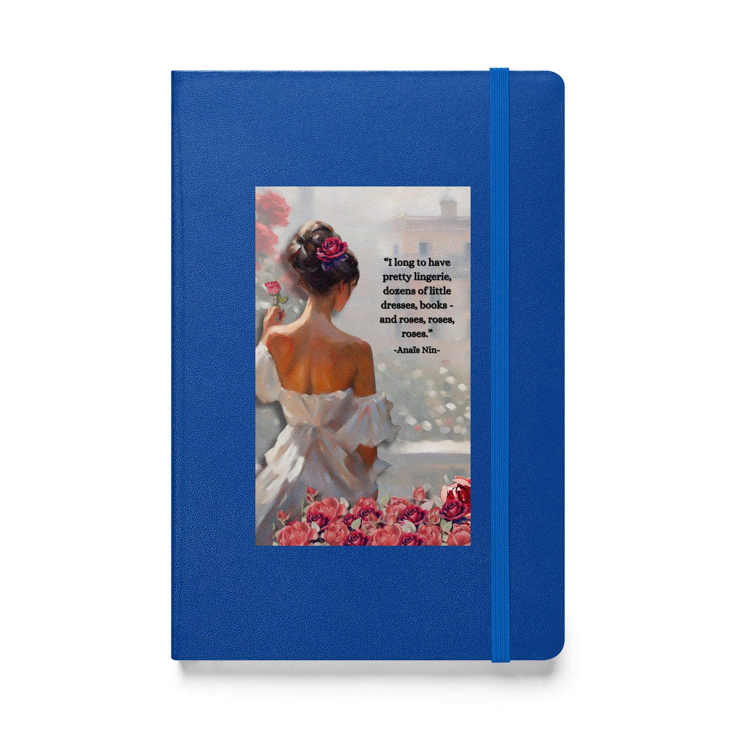 'Roses' hardcover bound notebook with impressionist oil style artwork and quote by diarist Anaïs Nin