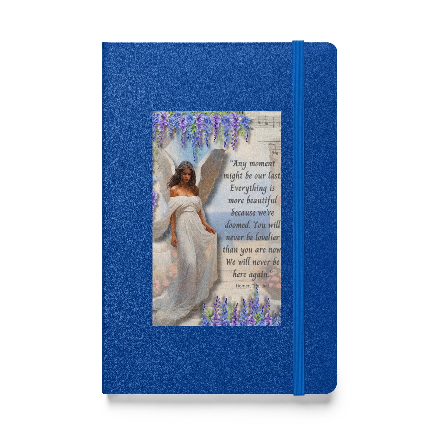 'Moments' hardcover bound notebook with impressionist oil style artwork and quote from Homer's The Iliad