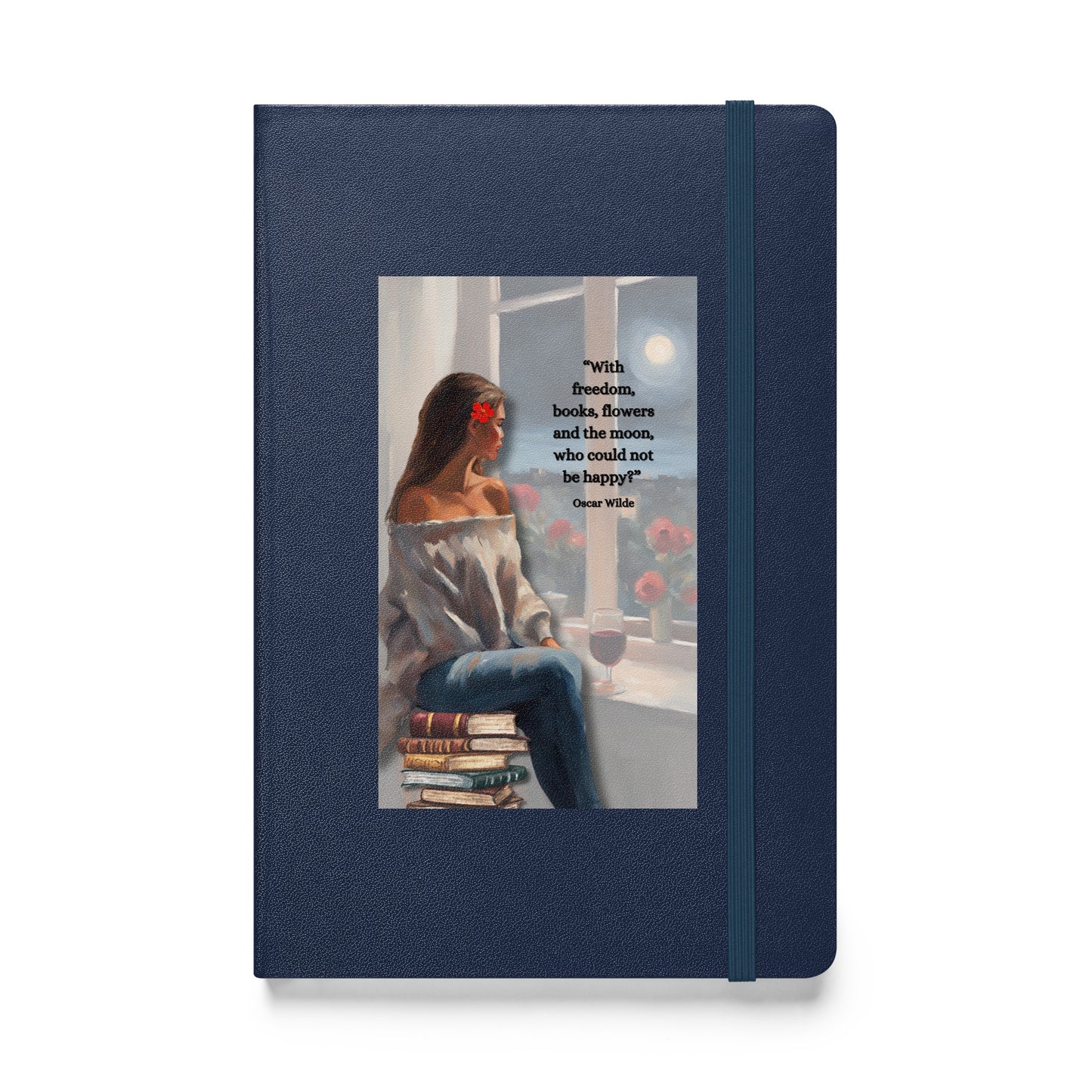 'Freedom, books, flowers and the moon' hardcover bound notebook with impressionist oil style artwork and Oscar Wilde quote