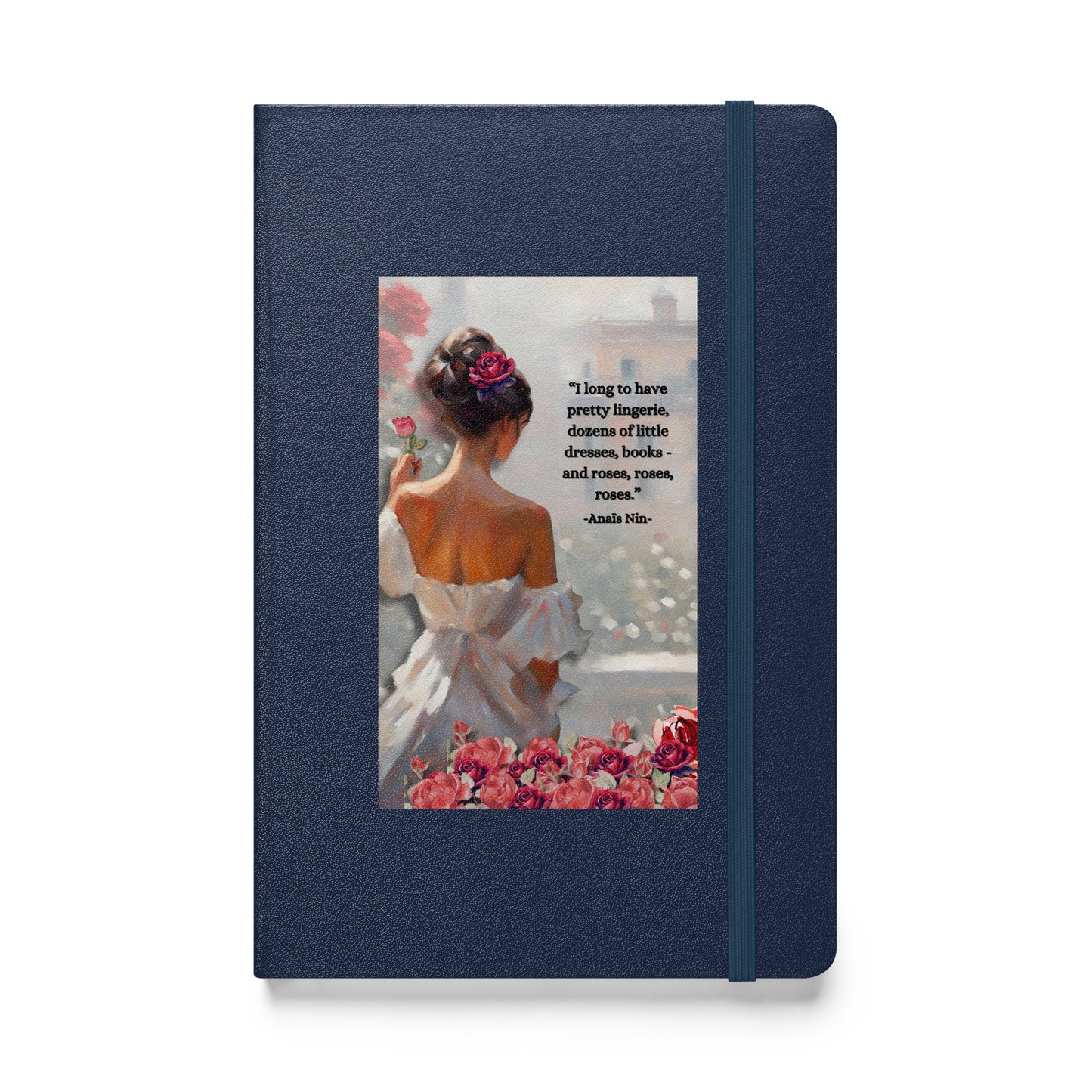 'Roses' hardcover bound notebook with impressionist oil style artwork and quote by diarist Anaïs Nin