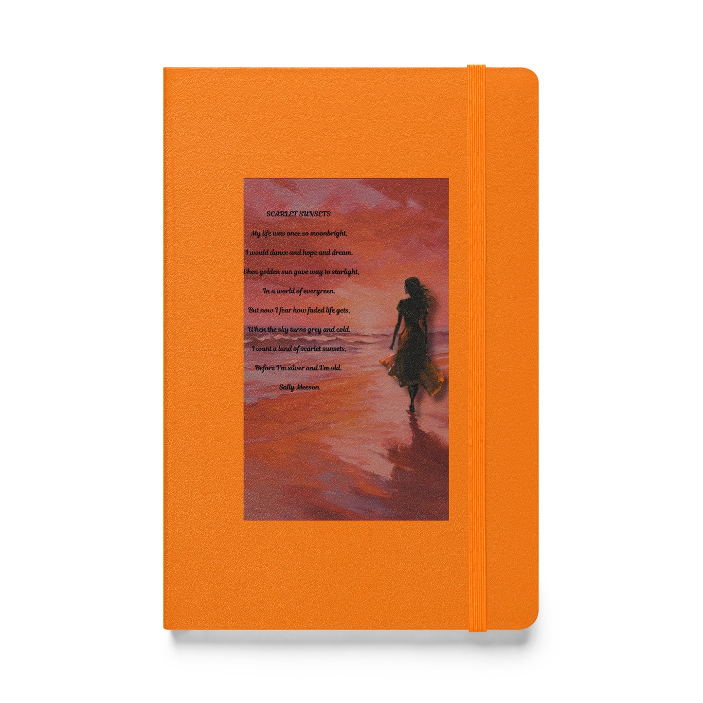 'Scarlet Sunsets' hardcover bound notebook with impressionist oil style artwork and original poem by writer Sally Meeson