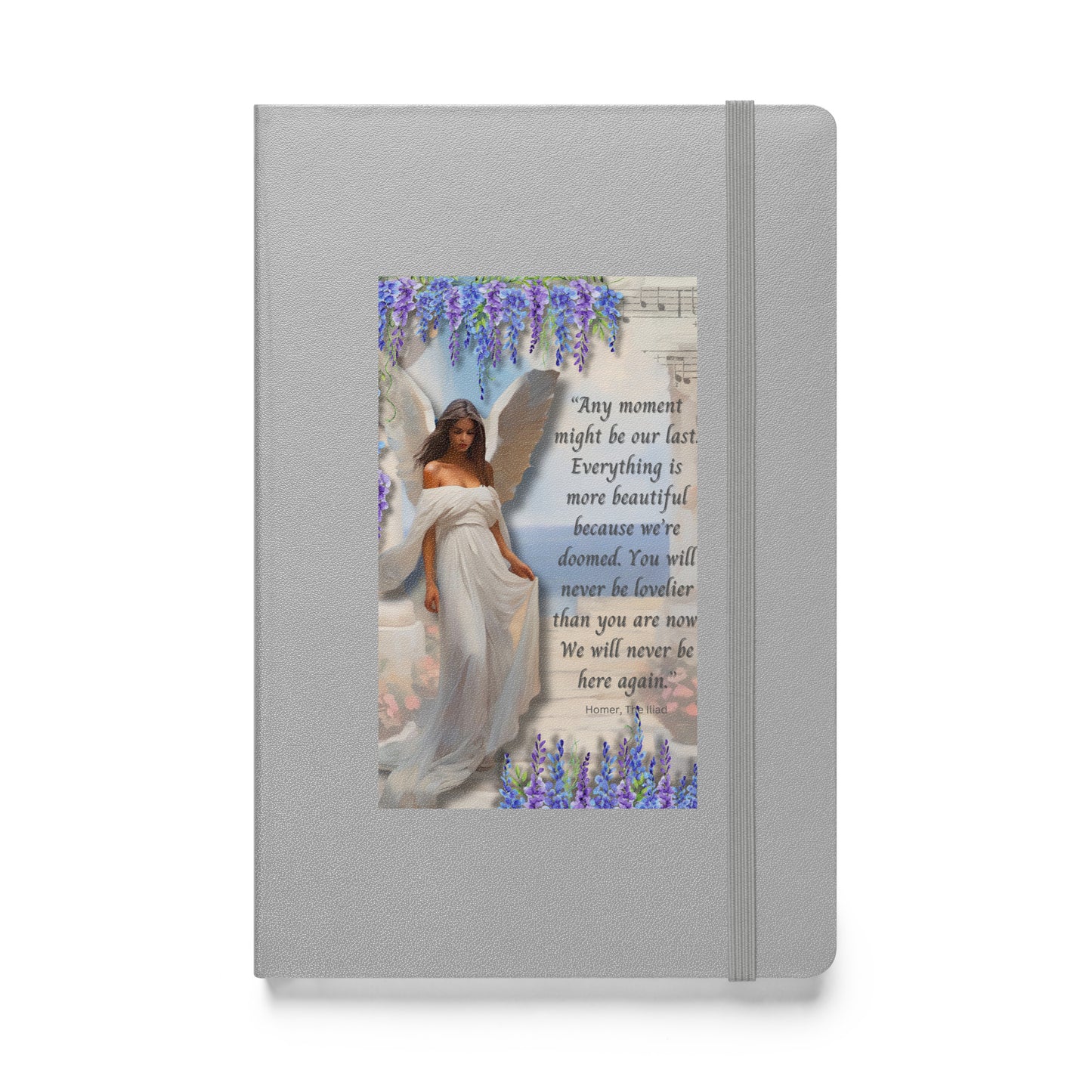 'Moments' hardcover bound notebook with impressionist oil style artwork and quote from Homer's The Iliad