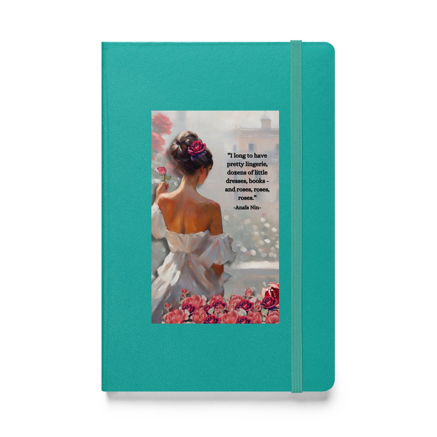 'Roses' hardcover bound notebook with impressionist oil style artwork and quote by diarist Anaïs Nin