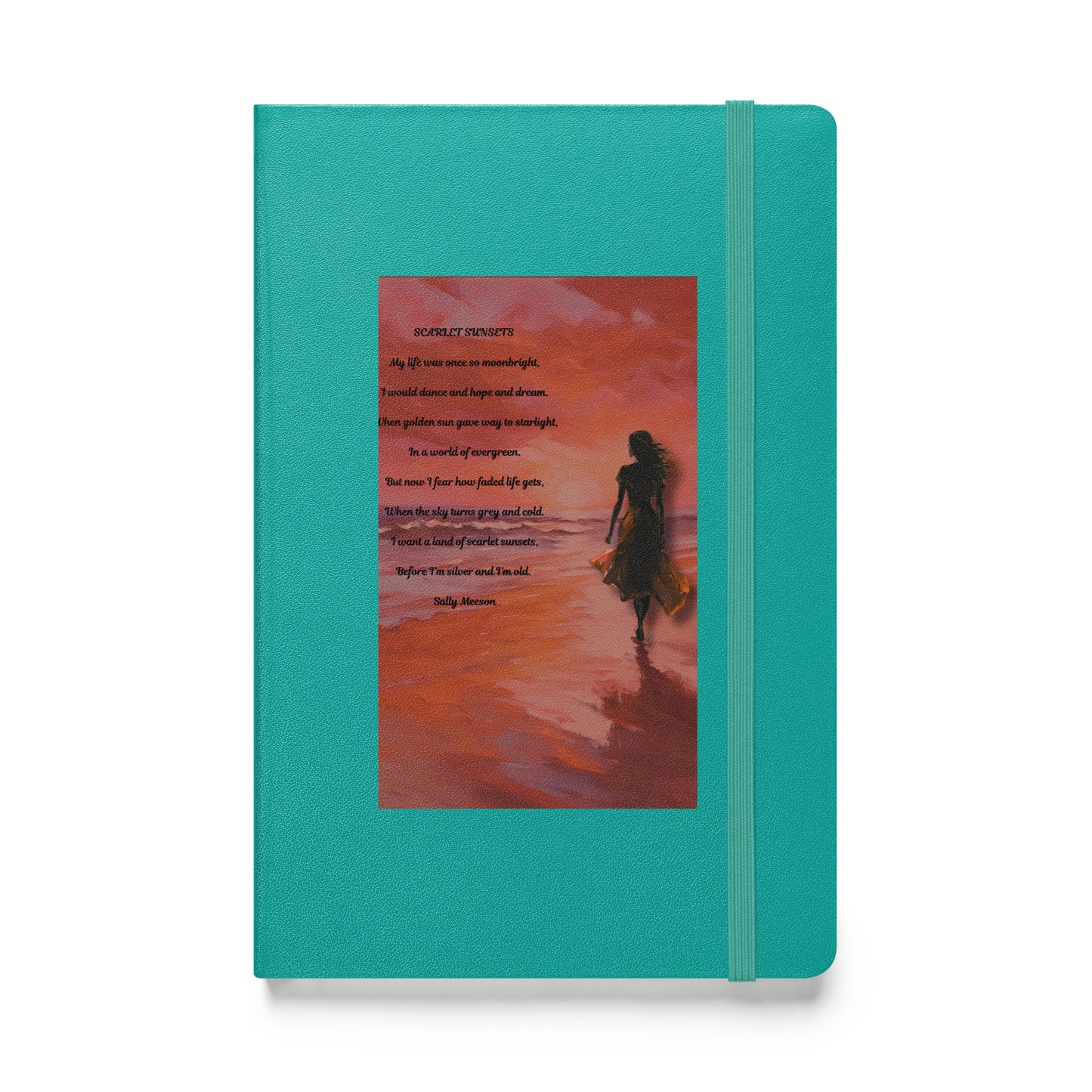 'Scarlet Sunsets' hardcover bound notebook with impressionist oil style artwork and original poem by writer Sally Meeson