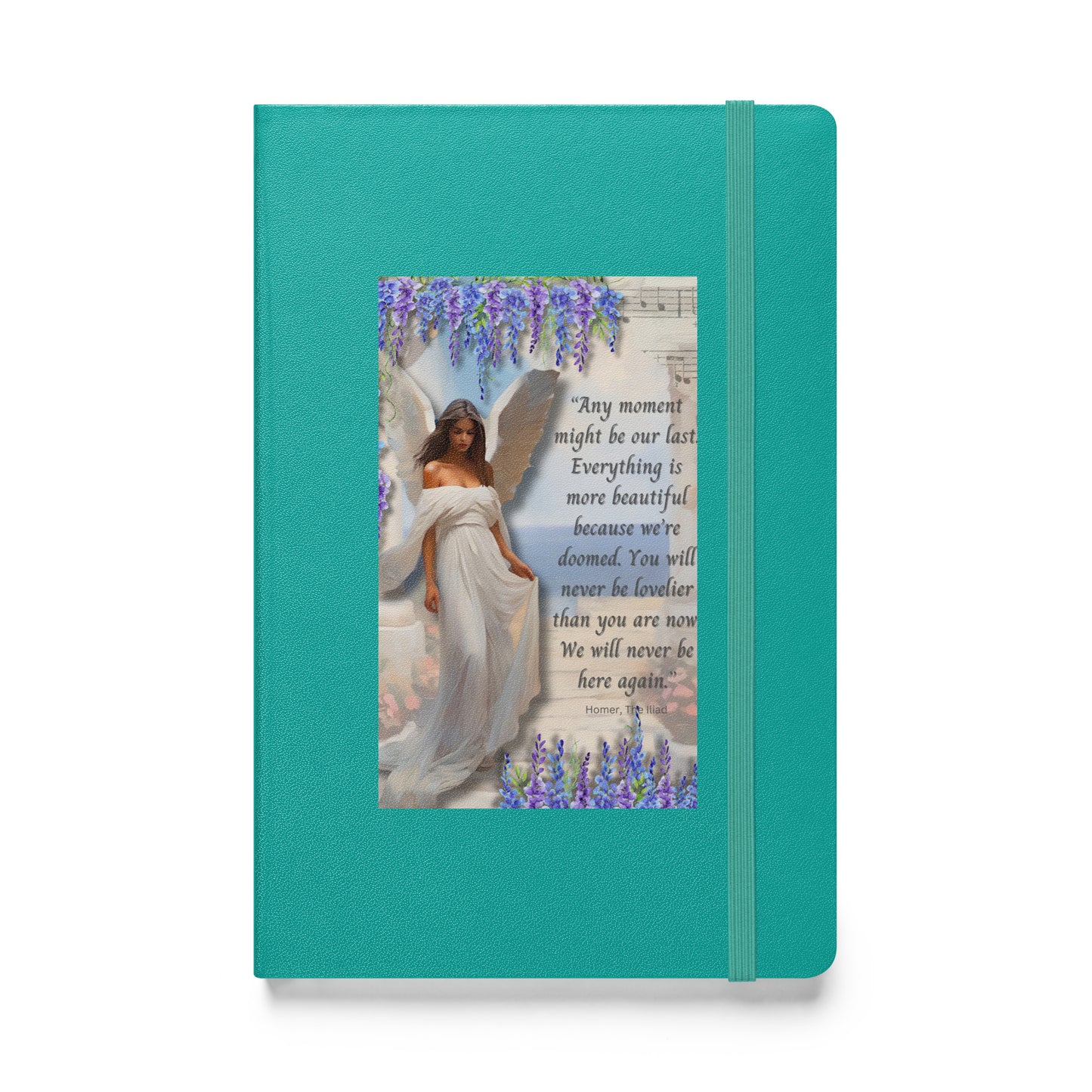 'Moments' hardcover bound notebook with impressionist oil style artwork and quote from Homer's The Iliad