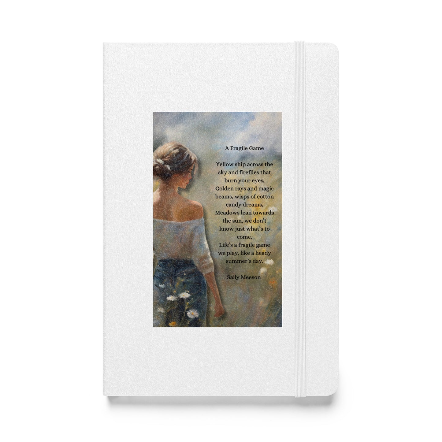 'A Fragile Game' hardcover bound notebook with impressionist style artwork and original poem by writer Sally Meeson