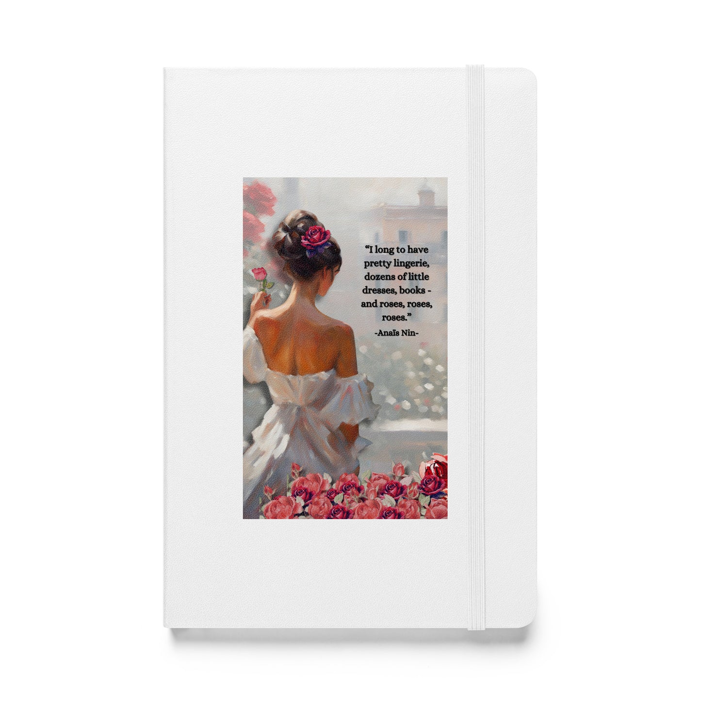 'Roses' hardcover bound notebook with impressionist oil style artwork and quote by diarist Anaïs Nin