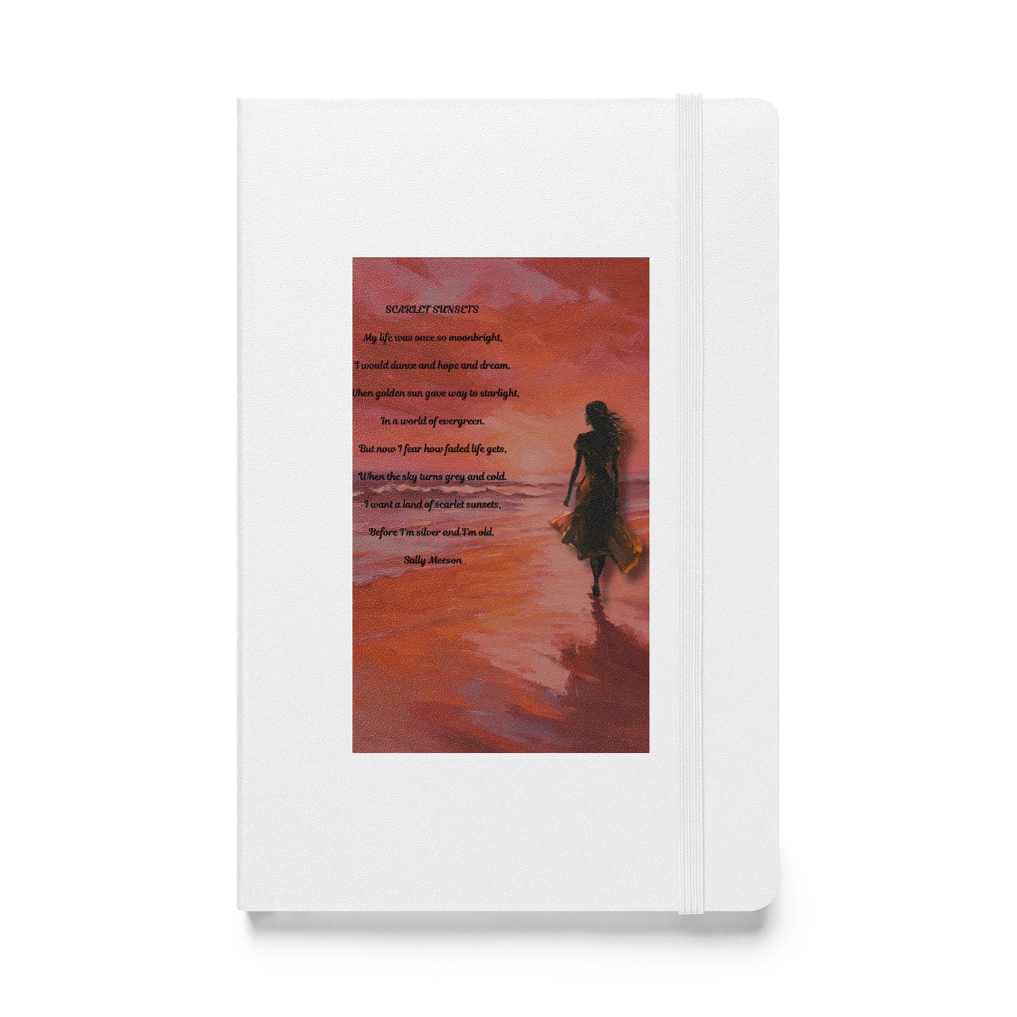 'Scarlet Sunsets' hardcover bound notebook with impressionist oil style artwork and original poem by writer Sally Meeson