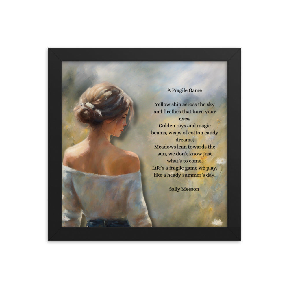 'A Fragile Game' framed photo paper poster with impressionist oil style artwork and original poem by writer Sally Meeson